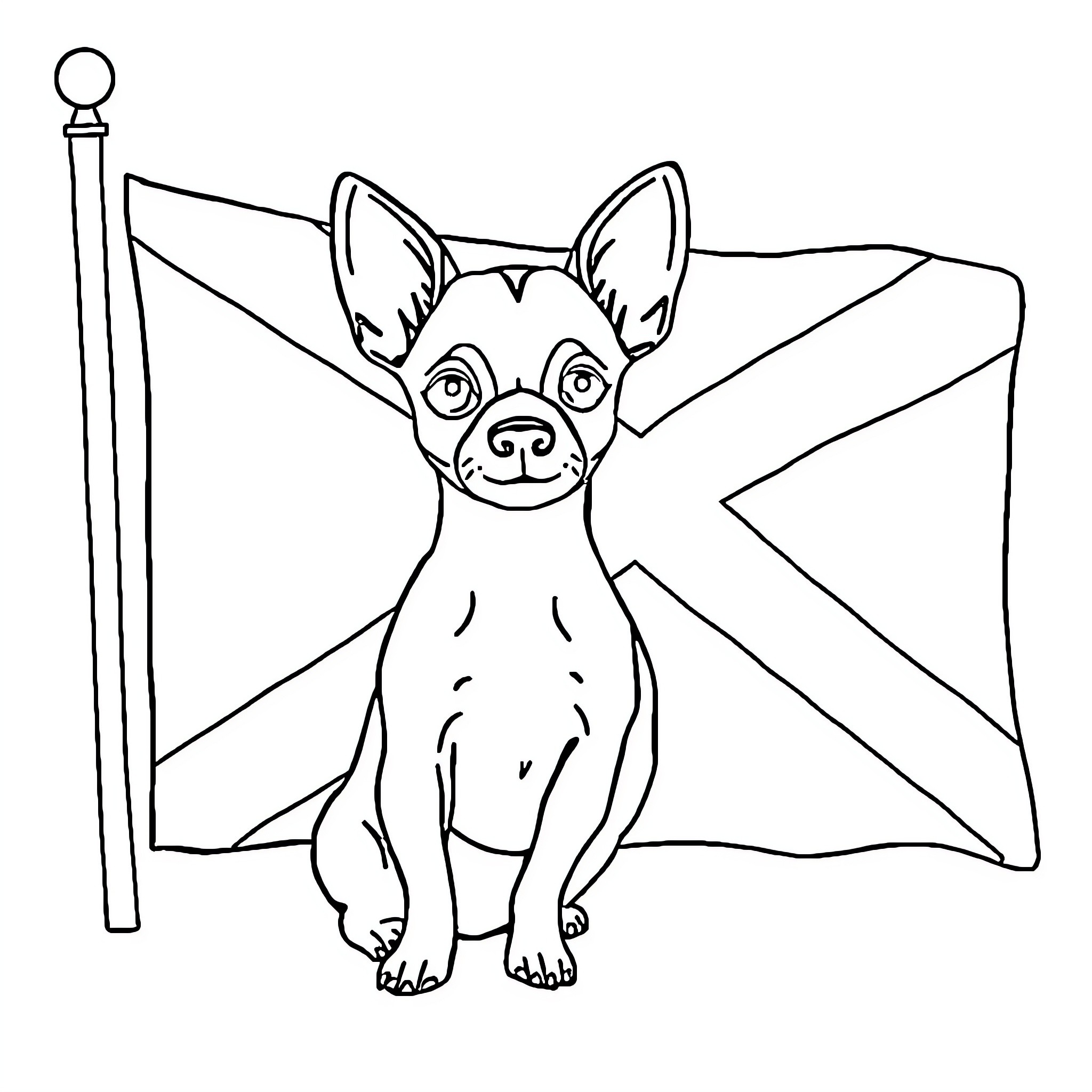 Chihuahua with a British flag Coloring Page (free black-and-white line drawing printable PDF for all, from beginners to advanced learners, including children, teens, adults, and seniors)