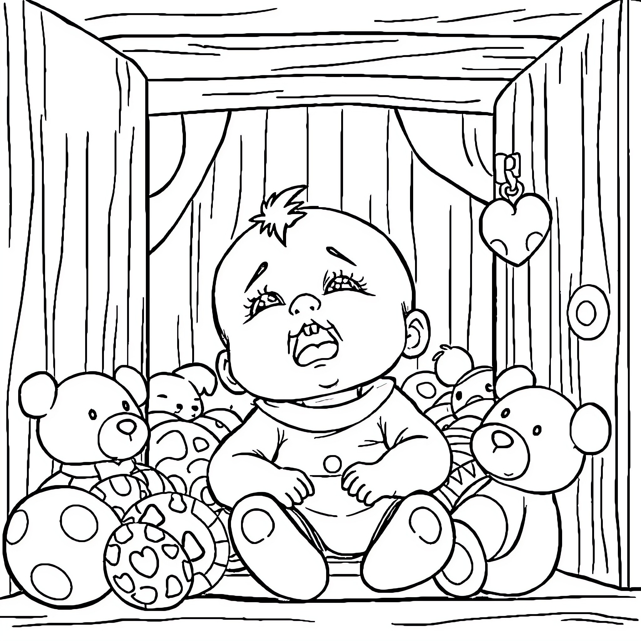 Baby surrounded by stuffed toys and decorations Coloring Page (free black-and-white line drawing printable PDF for all, from beginners to advanced learners, including children, teens, adults, and seniors)