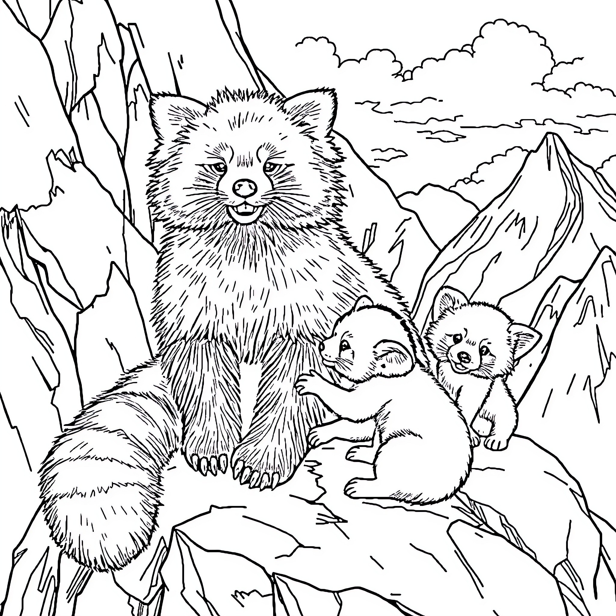 Panda family enjoying the mountain scenery Coloring Page (free black-and-white line drawing printable PDF for all, from beginners to advanced learners, including children, teens, adults, and seniors)