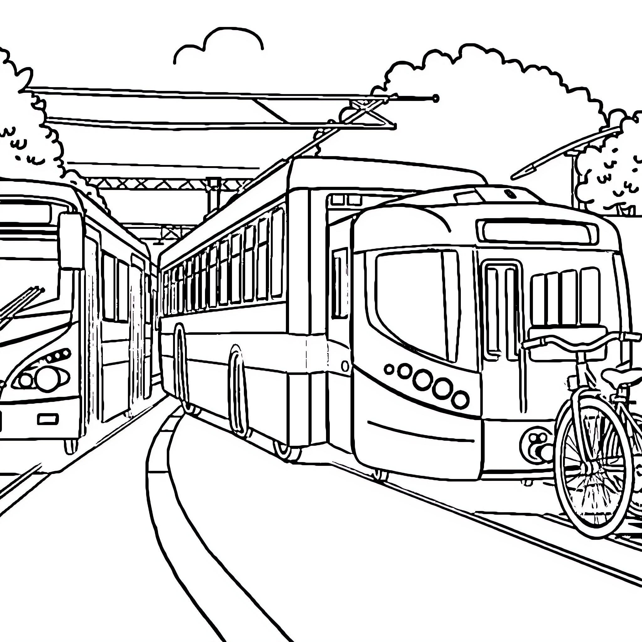 Transportation of passengers on streetcars in the city Coloring Page (free black-and-white line drawing printable PDF for all, from beginners to advanced learners, including children, teens, adults, and seniors)