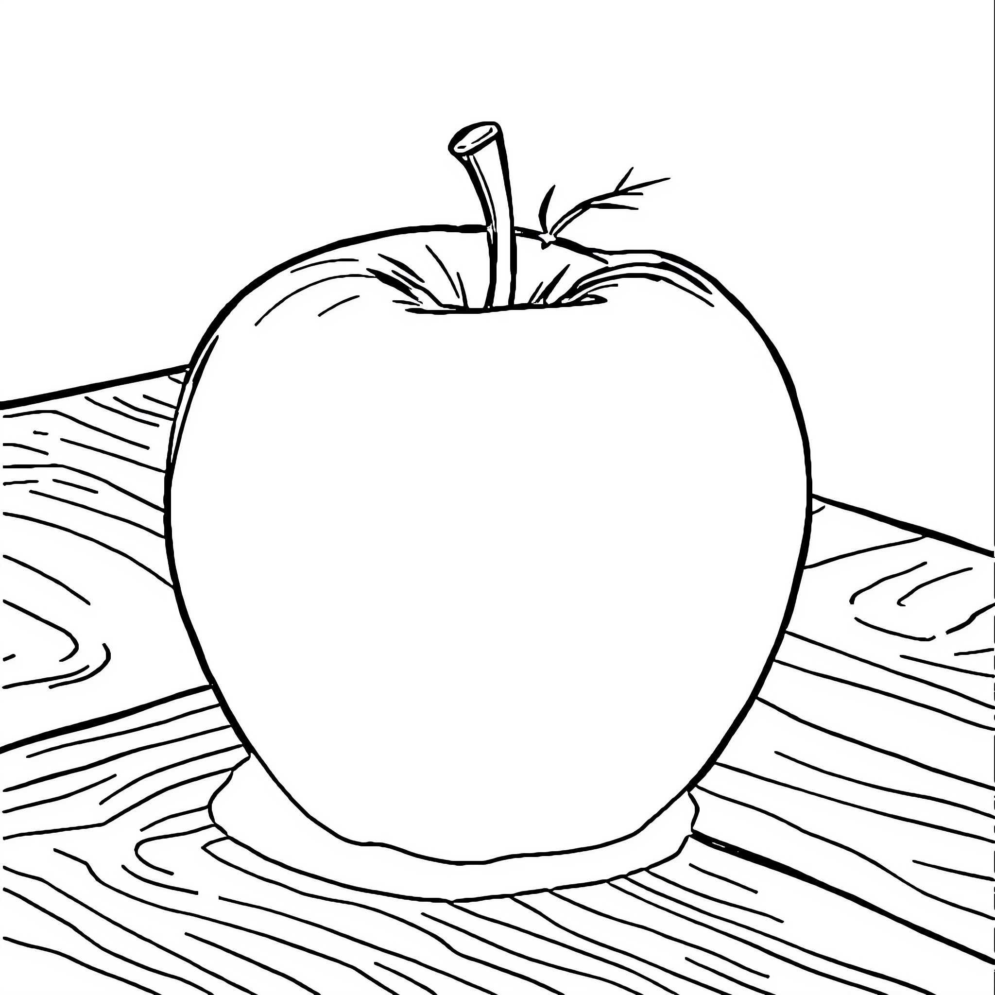 Apple on a wooden surface Coloring Page (free black-and-white line drawing printable PDF for all, from beginners to advanced learners, including children, teens, adults, and seniors)