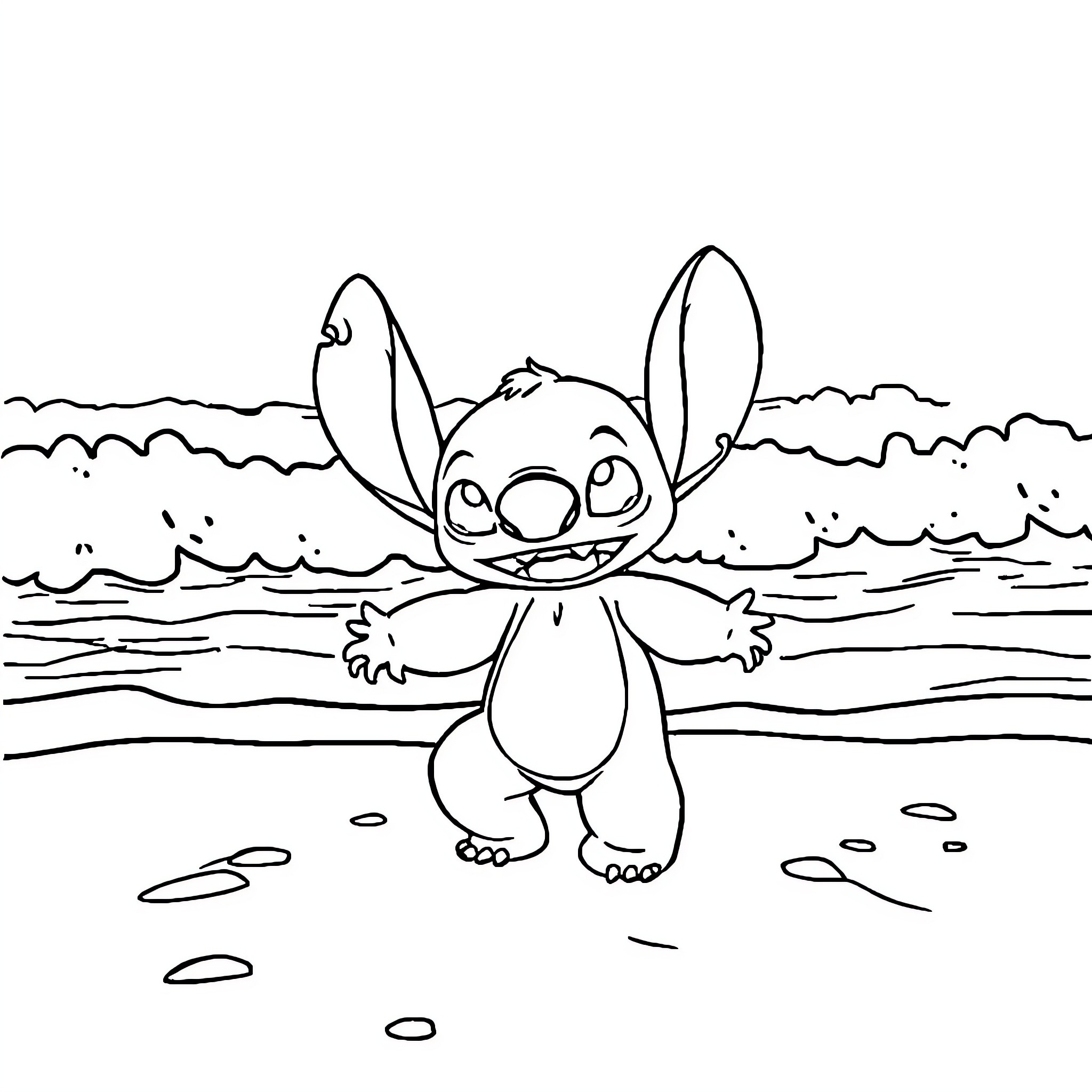 Stitch enjoying the beach Coloring Page (free black-and-white line drawing printable PDF for all, from beginners to advanced learners, including children, teens, adults, and seniors)