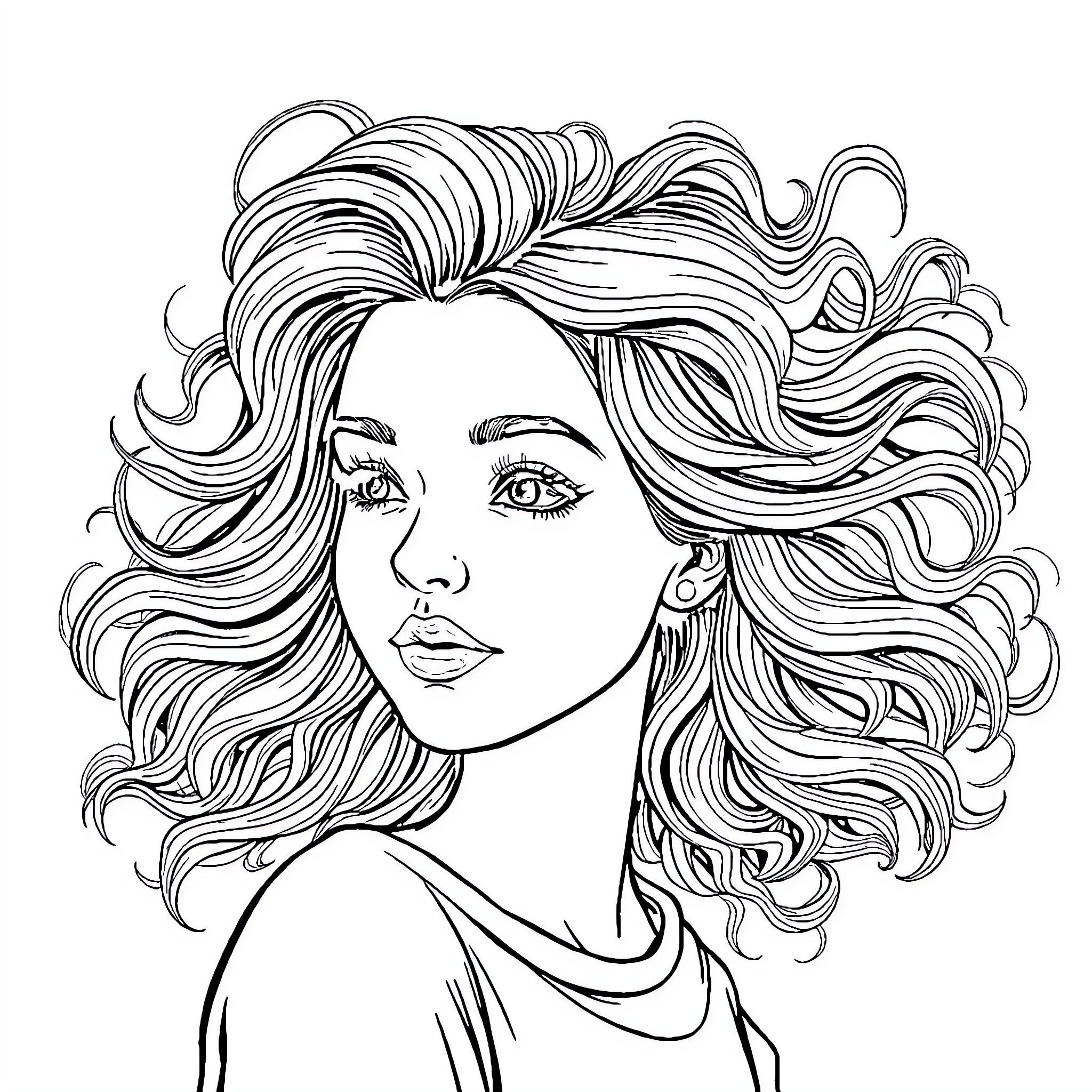Curly Hair Swirling Woman with Intense Gaze Coloring Page (free black-and-white line drawing printable PDF for all, from beginners to advanced learners, including children, teens, adults, and seniors)