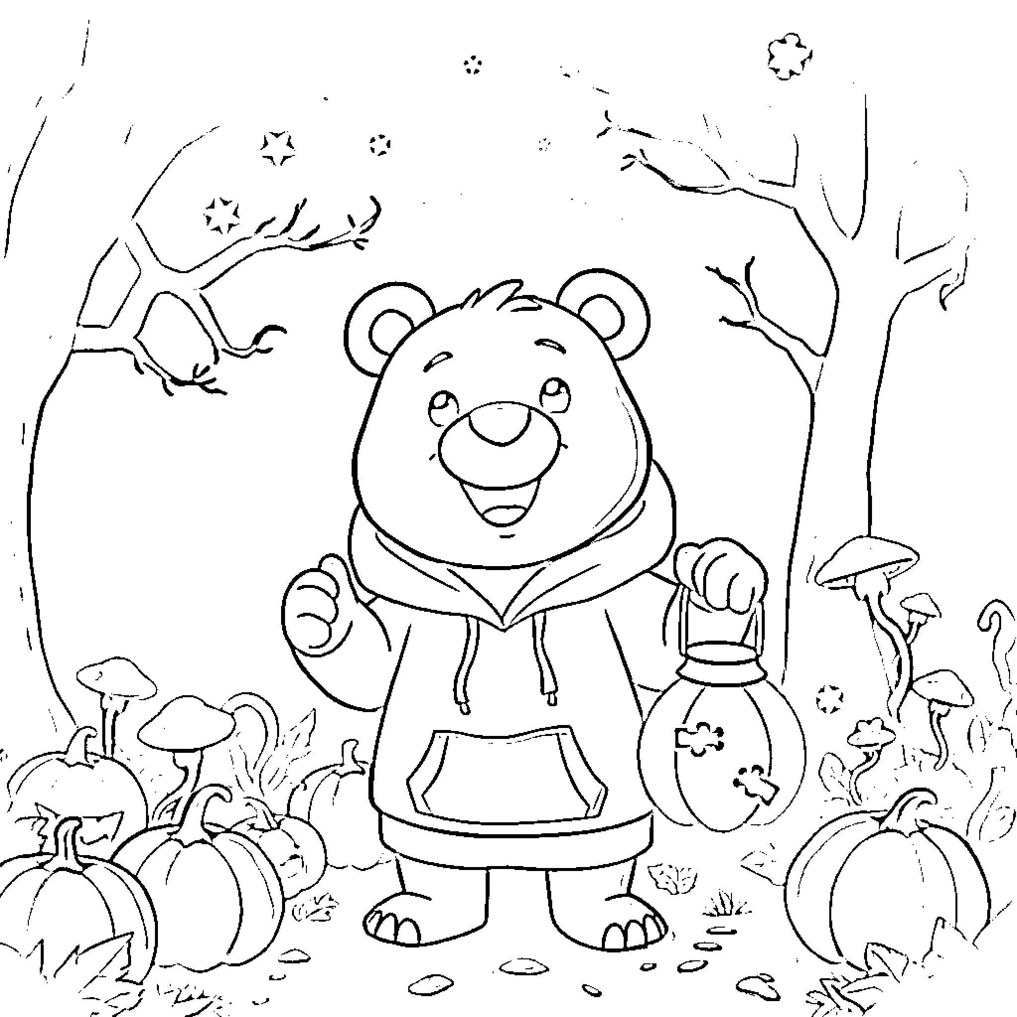 Bear exploring the enchanted forest Coloring Page (free black-and-white line drawing printable PDF for all, from beginners to advanced learners, including children, teens, adults, and seniors)