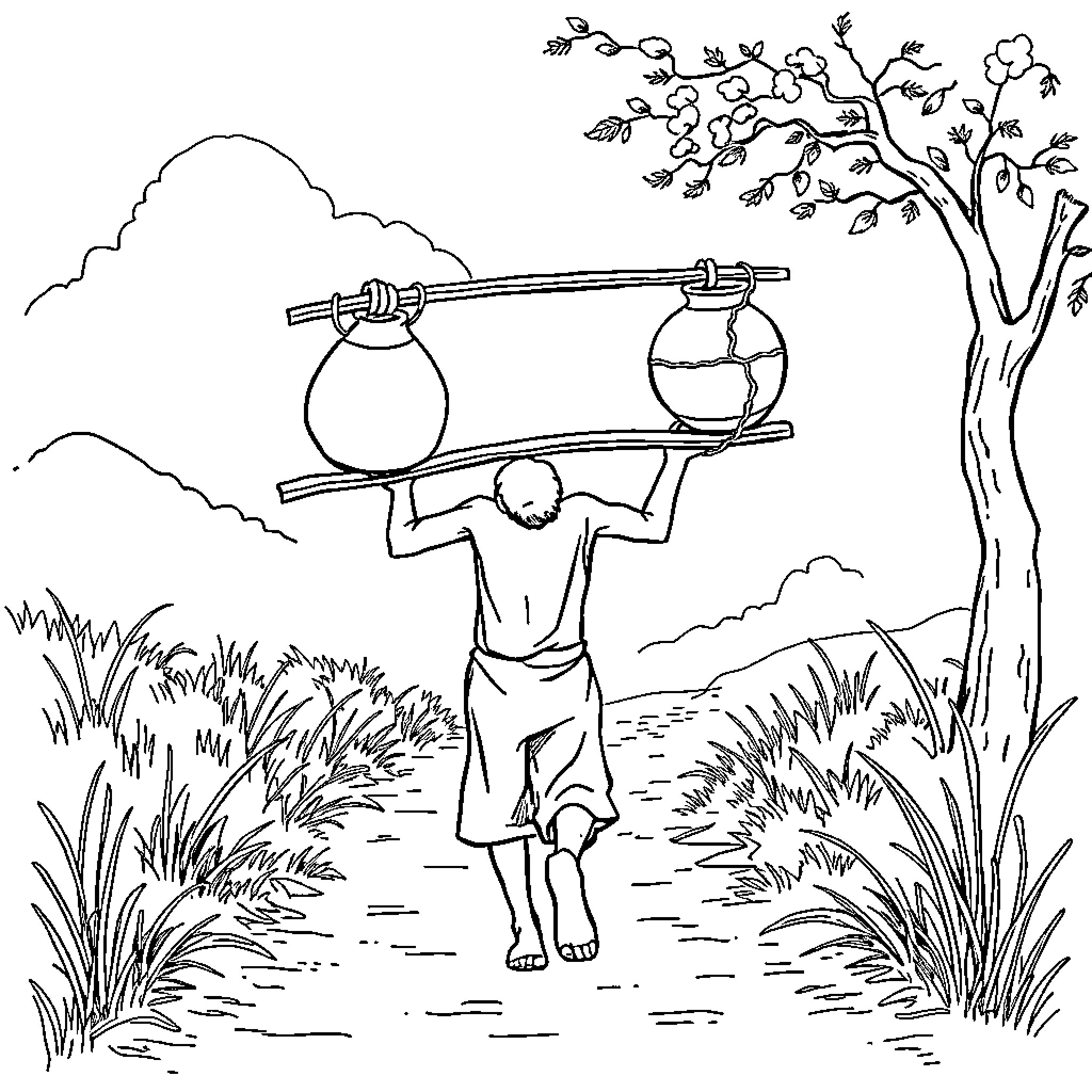 Pot Carrier Walking Through Rural Landscape Coloring Page (free black-and-white line drawing printable PDF for all, from beginners to advanced learners, including children, teens, adults, and seniors)