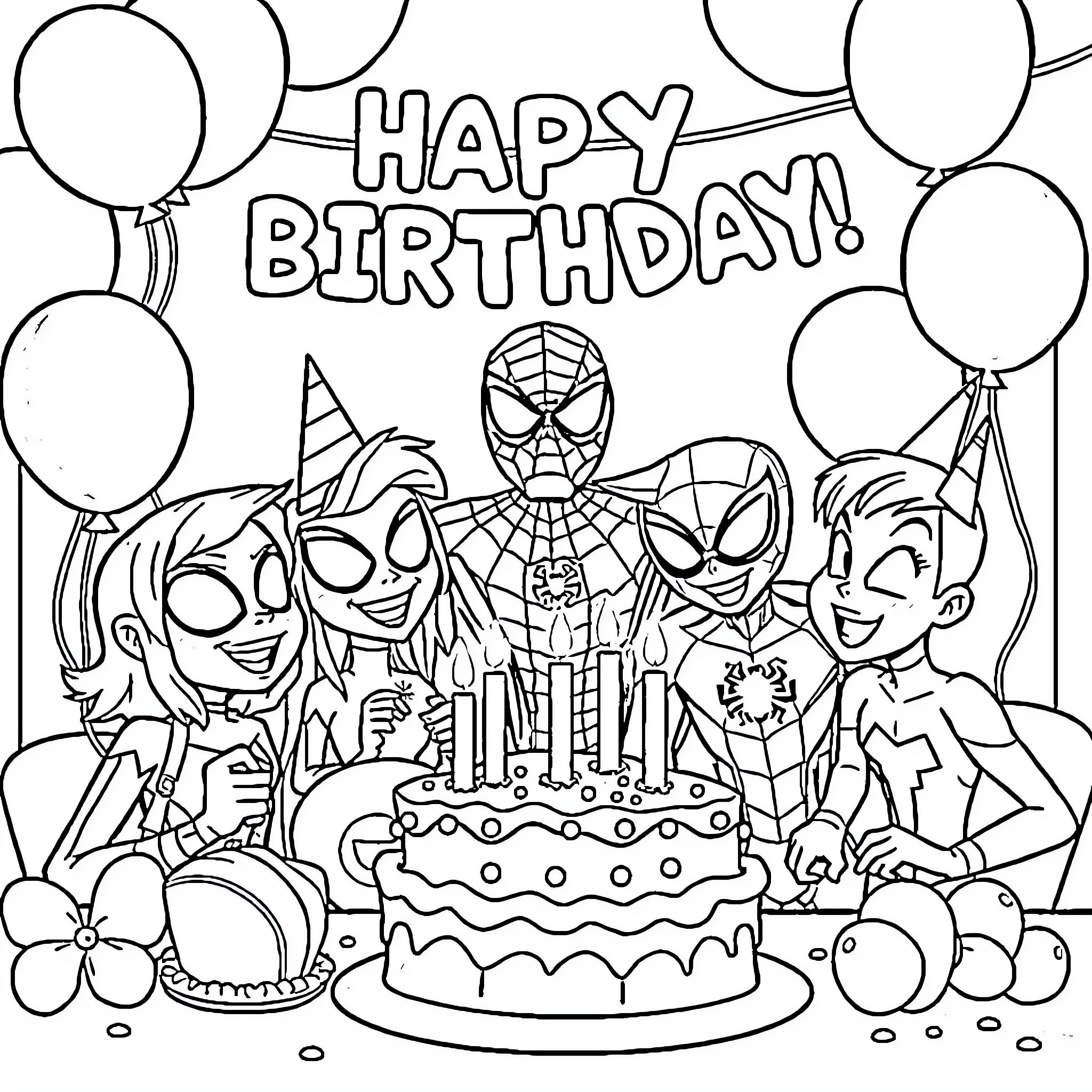 Spider-themed Birthday Celebration with Superheroes Coloring Page (free black-and-white line drawing printable PDF for all, from beginners to advanced learners, including children, teens, adults, and seniors)