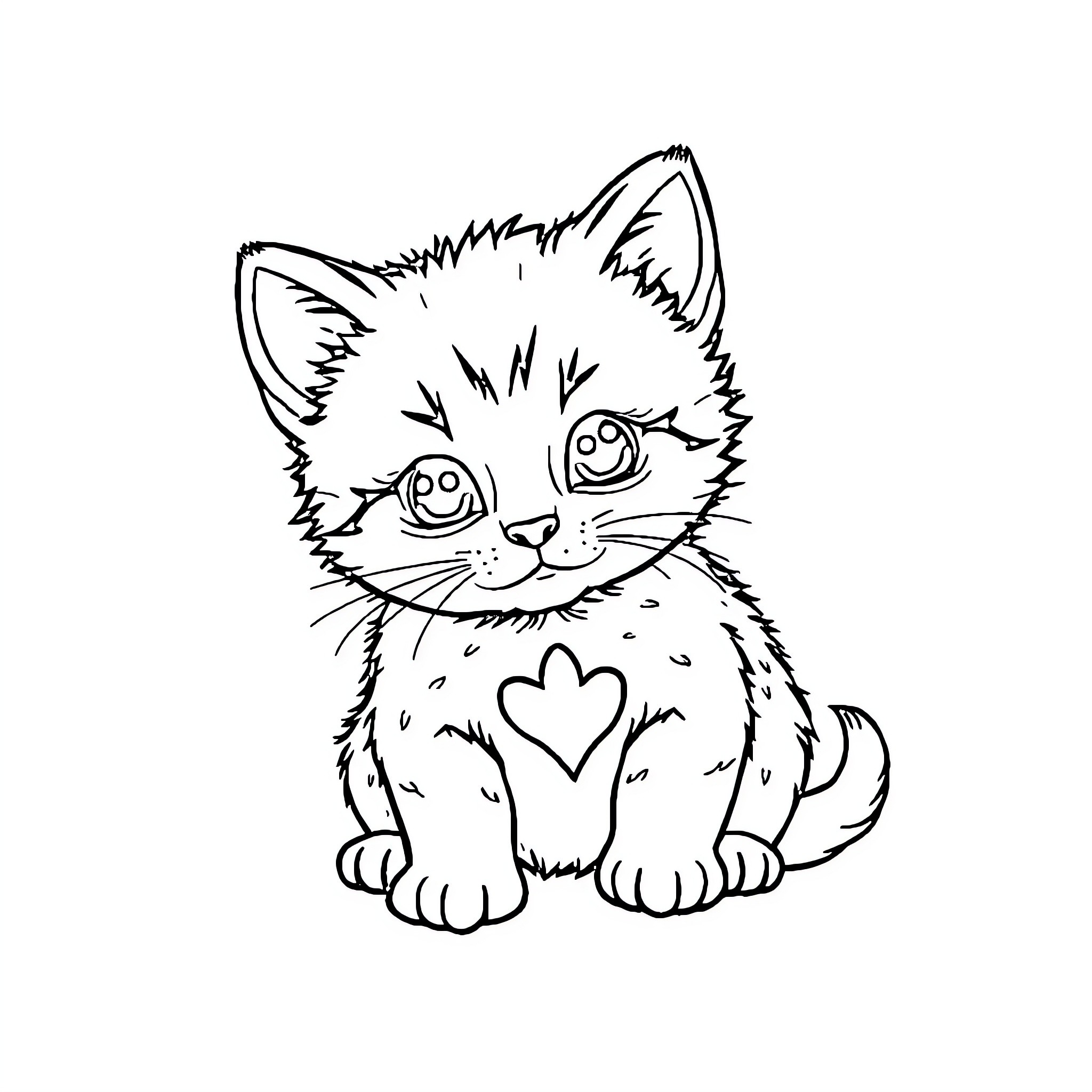 Kitten with heart-shaped spot on its fur Coloring Page (free black-and-white line drawing printable PDF for all, from beginners to advanced learners, including children, teens, adults, and seniors)