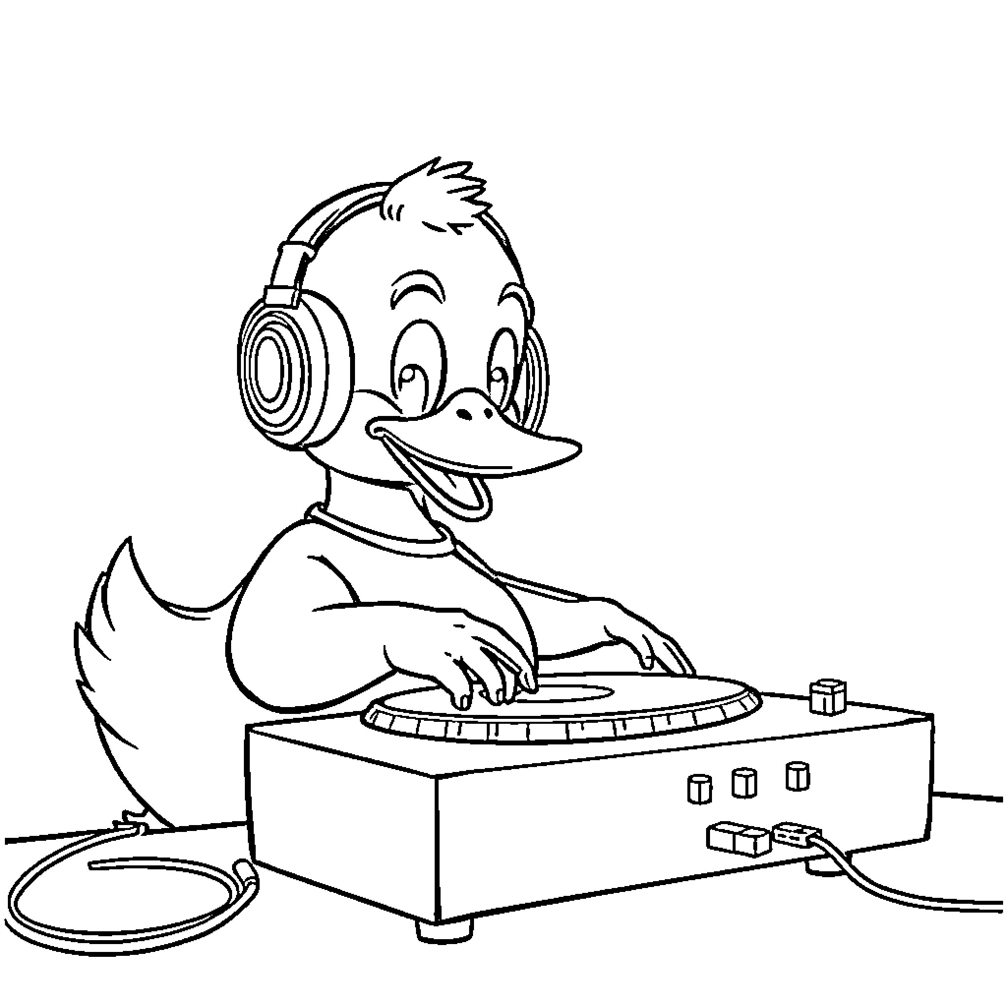 Duck enjoying music on headphones Coloring Page (free black-and-white line drawing printable PDF for all, from beginners to advanced learners, including children, teens, adults, and seniors)