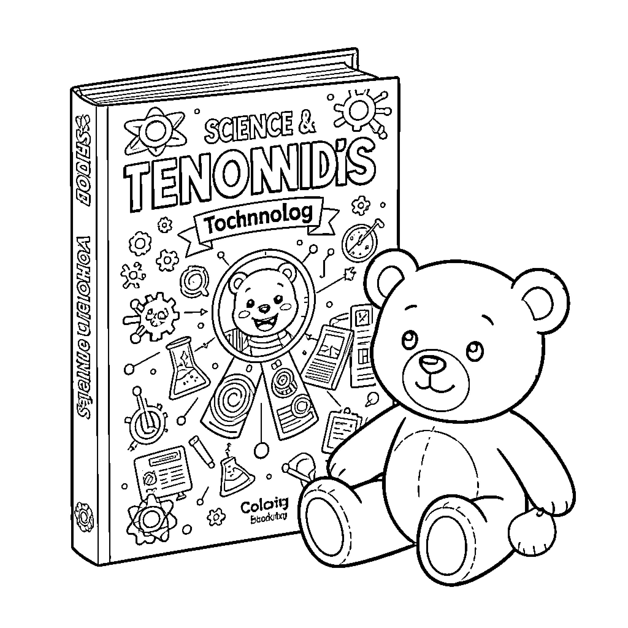 Osito's Science & Technology Adventures Coloring Page (free black-and-white line drawing printable PDF for all, from beginners to advanced learners, including children, teens, adults, and seniors)
