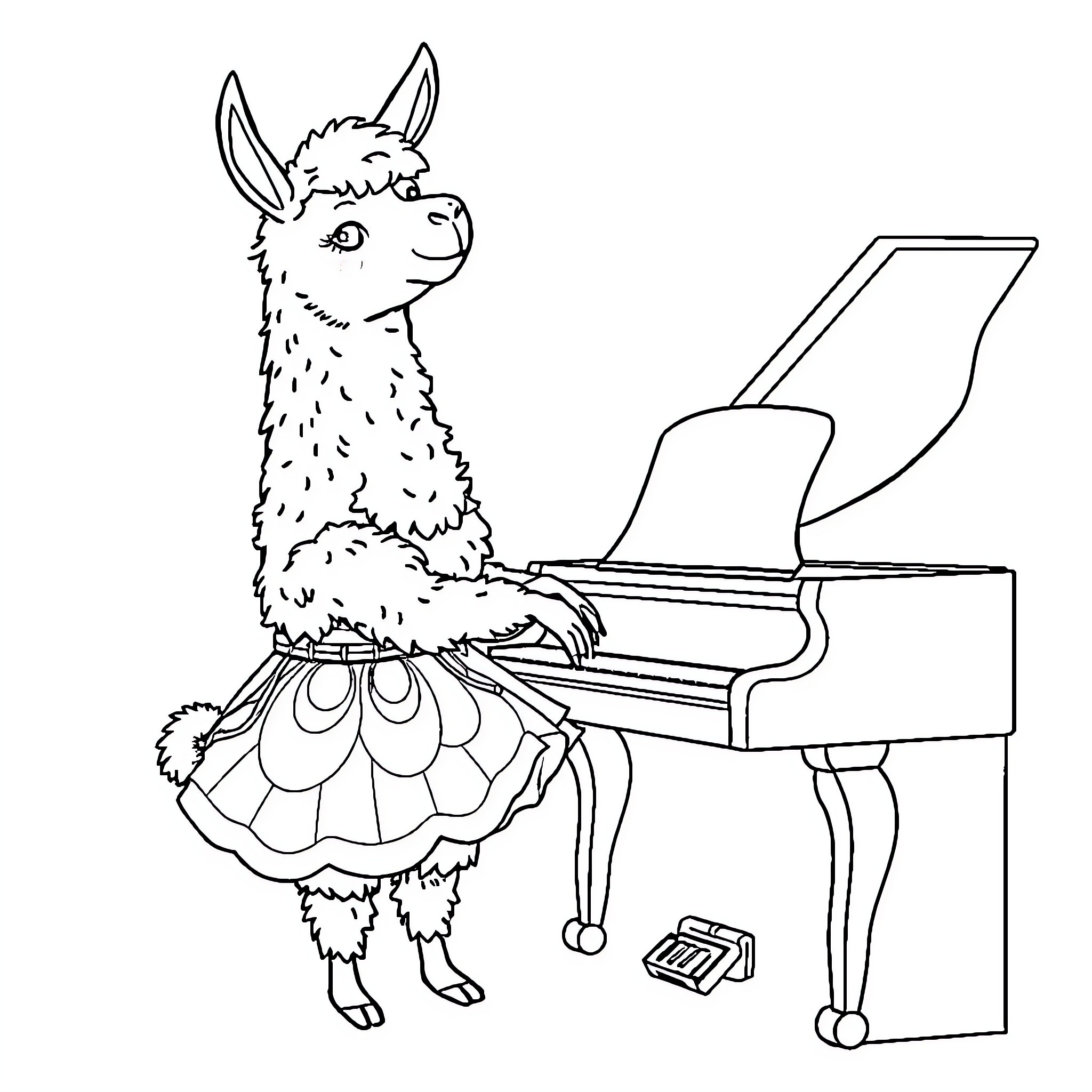 Llama playing a grand piano Coloring Page (free black-and-white line drawing printable PDF for all, from beginners to advanced learners, including children, teens, adults, and seniors)