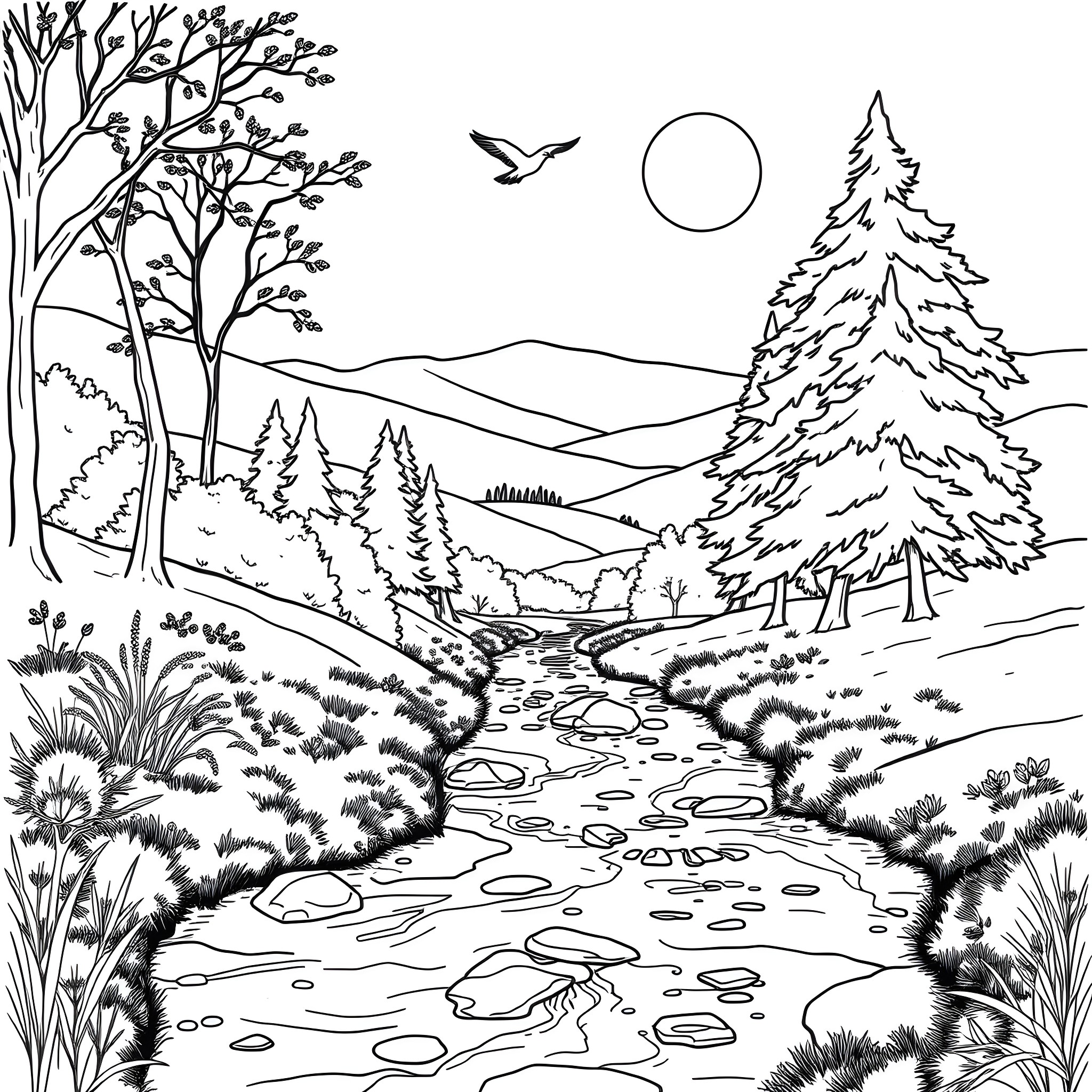 Outdoor serene landscape with forest and stream Coloring Page (free black-and-white line drawing printable PDF for all, from beginners to advanced learners, including children, teens, adults, and seniors)