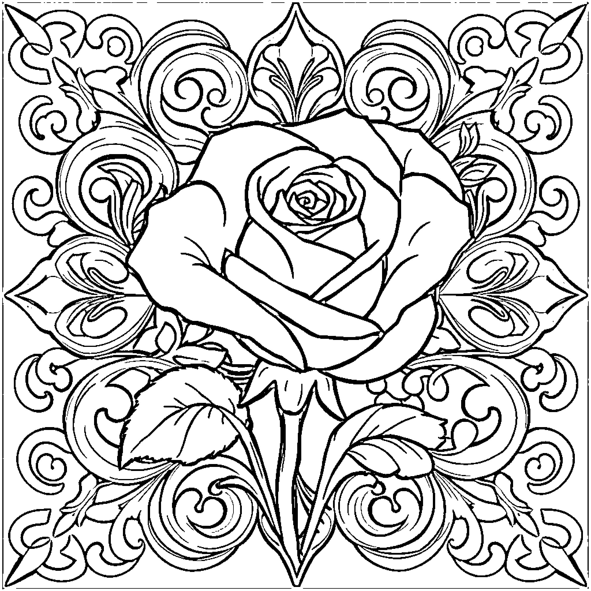 Rose in elegant ornamental frame Coloring Page (free black-and-white line drawing printable PDF for all, from beginners to advanced learners, including children, teens, adults, and seniors)