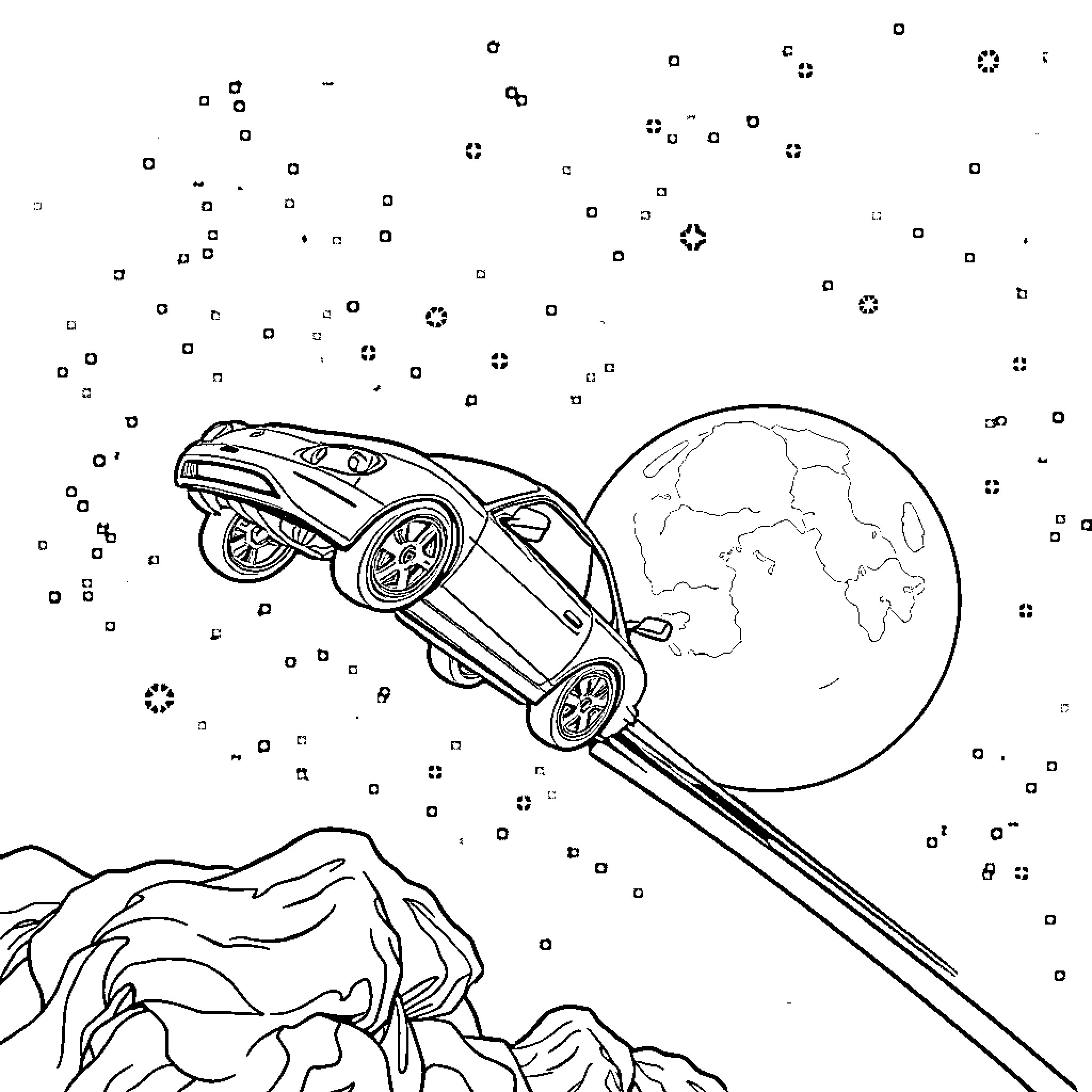 Car speeding through cosmic landscape Coloring Page (free black-and-white line drawing printable PDF for all, from beginners to advanced learners, including children, teens, adults, and seniors)
