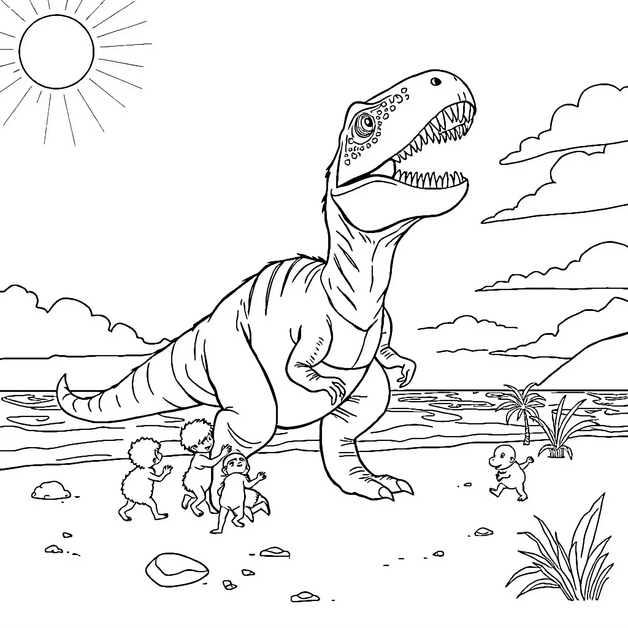 T-Rex chasing baby dinosaurs on the beach Coloring Page (free black-and-white line drawing printable PDF for all, from beginners to advanced learners, including children, teens, adults, and seniors)