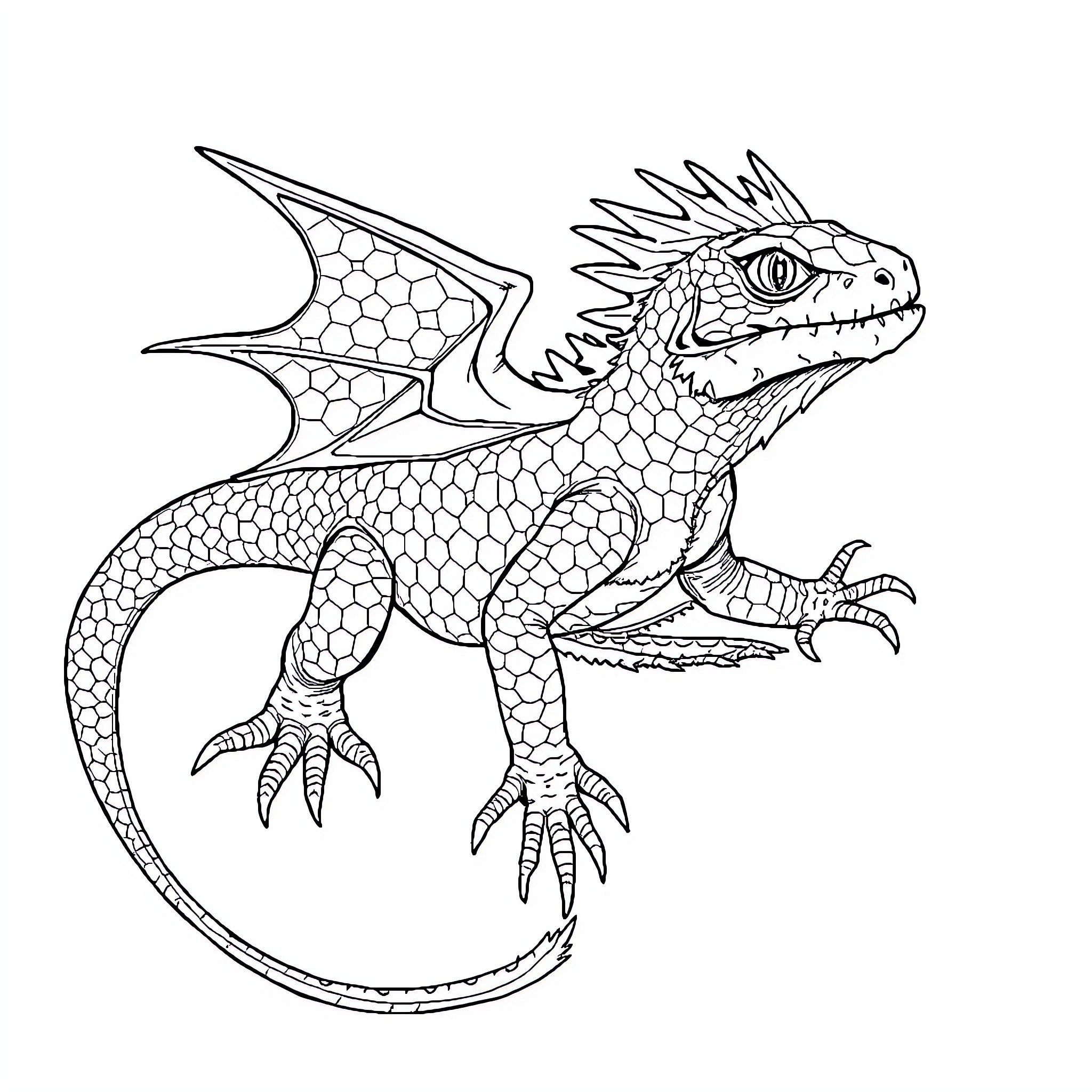 Lizard monster with intricate scales and sharp claws Coloring Page (free black-and-white line drawing printable PDF for all, from beginners to advanced learners, including children, teens, adults, and seniors)