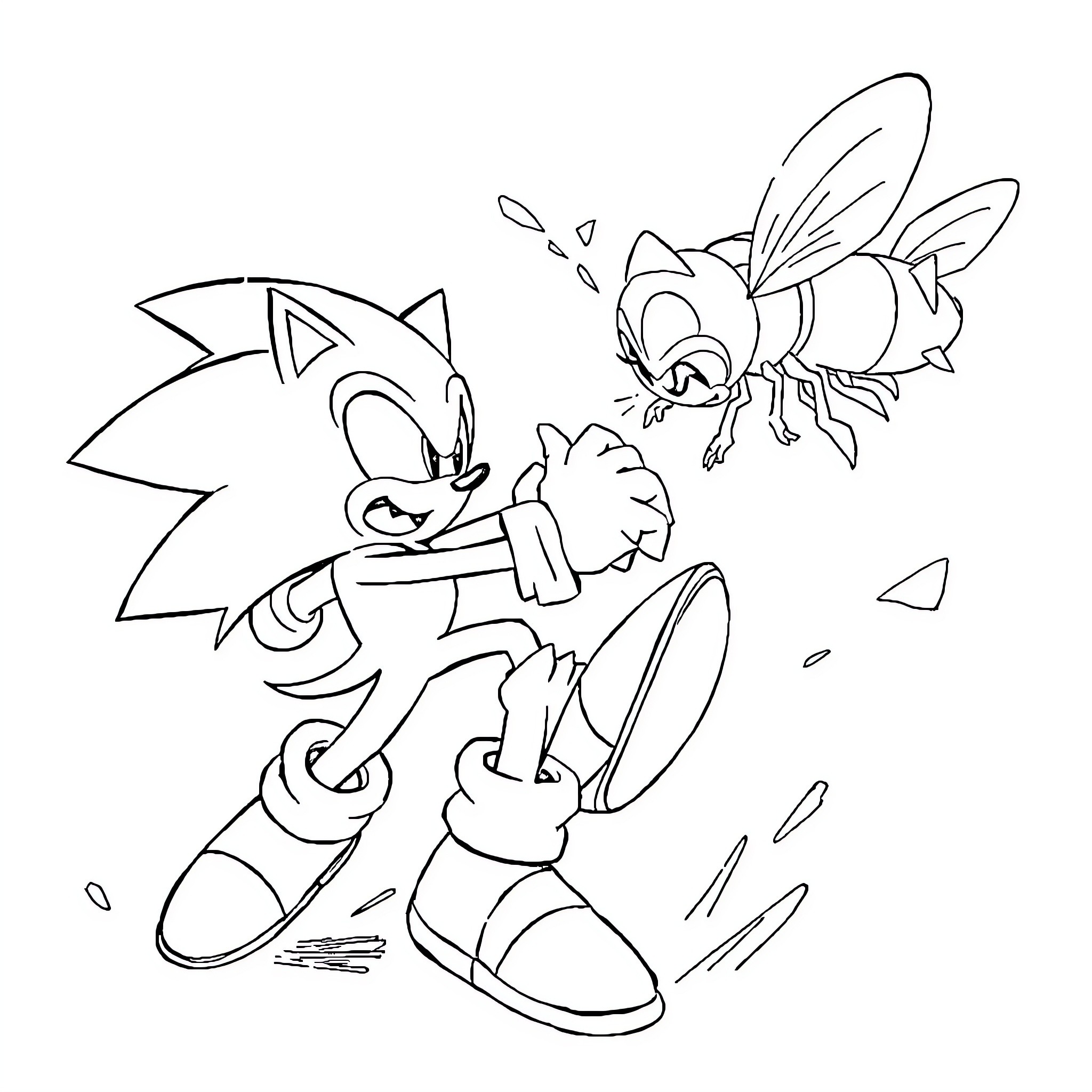 Sonic running away from a bee Coloring Page (free black-and-white line drawing printable PDF for all, from beginners to advanced learners, including children, teens, adults, and seniors)