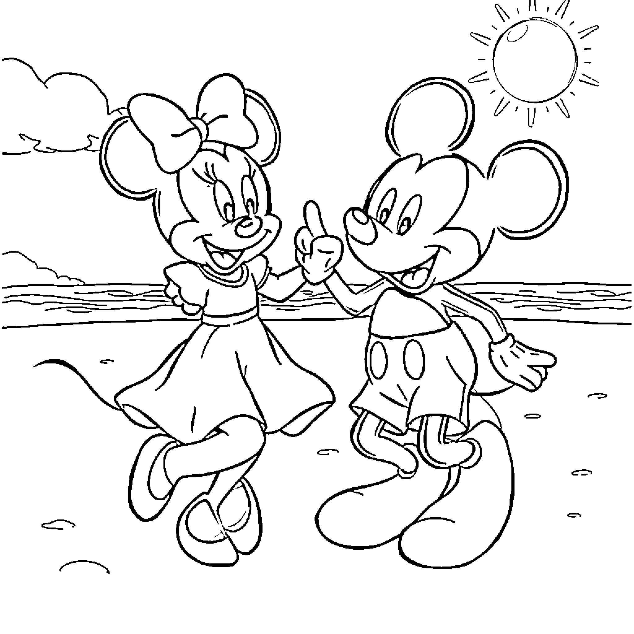 Minnie Mouse and Mickey Mouse enjoying a day at the beach Coloring Page (free black-and-white line drawing printable PDF for all, from beginners to advanced learners, including children, teens, adults, and seniors)