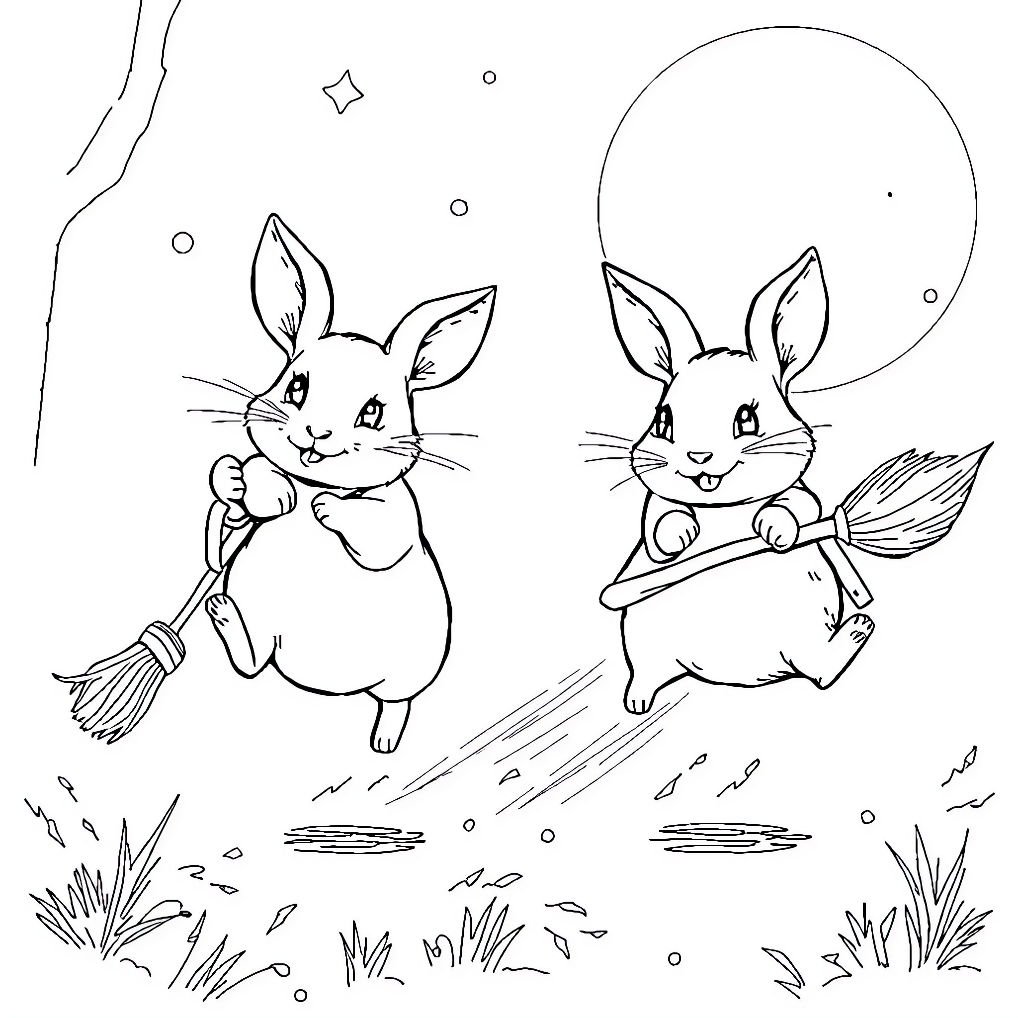 Degu Bunnies Flying with Brooms Coloring Page (free black-and-white line drawing printable PDF for all, from beginners to advanced learners, including children, teens, adults, and seniors)