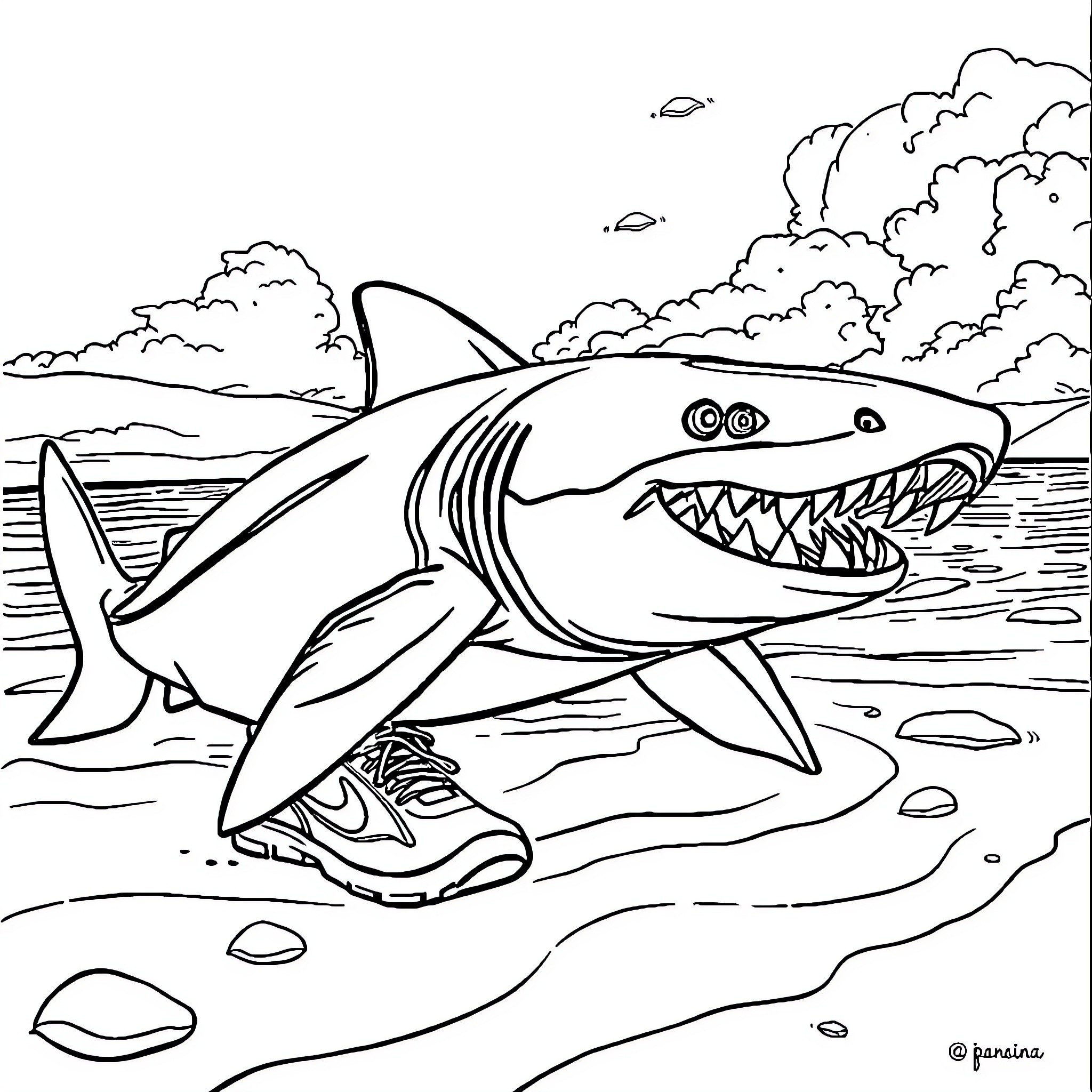 Tiburon chasing sneakers in the ocean Coloring Page (free black-and-white line drawing printable PDF for all, from beginners to advanced learners, including children, teens, adults, and seniors)