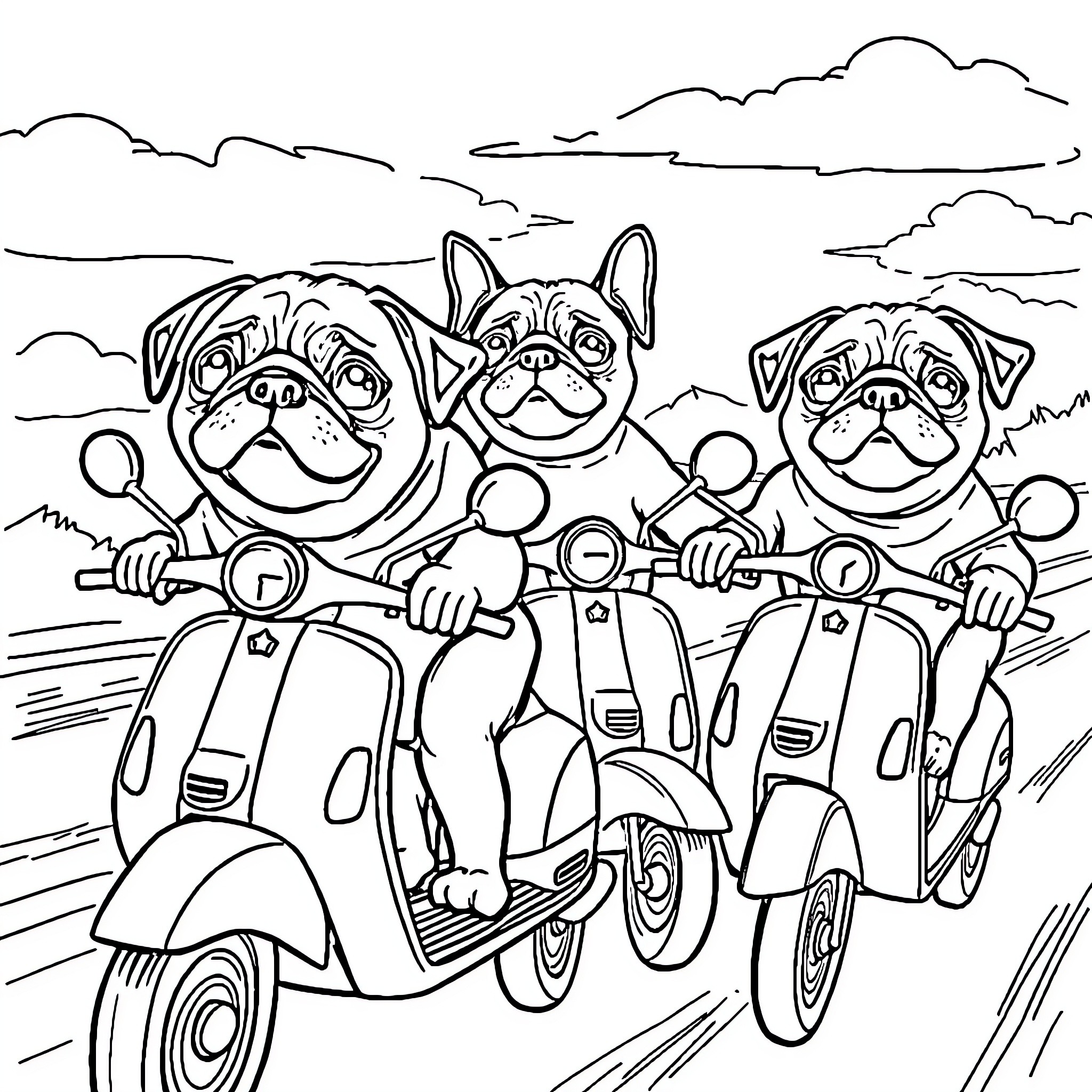 Pugs riding scooters through the countryside Coloring Page (free black-and-white line drawing printable PDF for all, from beginners to advanced learners, including children, teens, adults, and seniors)