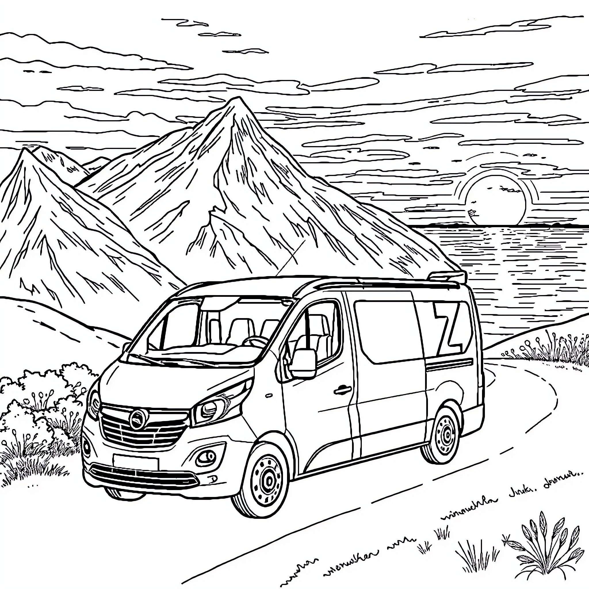 Bus Traveling Through Scenic Mountain Landscape Coloring Page (free black-and-white line drawing printable PDF for all, from beginners to advanced learners, including children, teens, adults, and seniors)