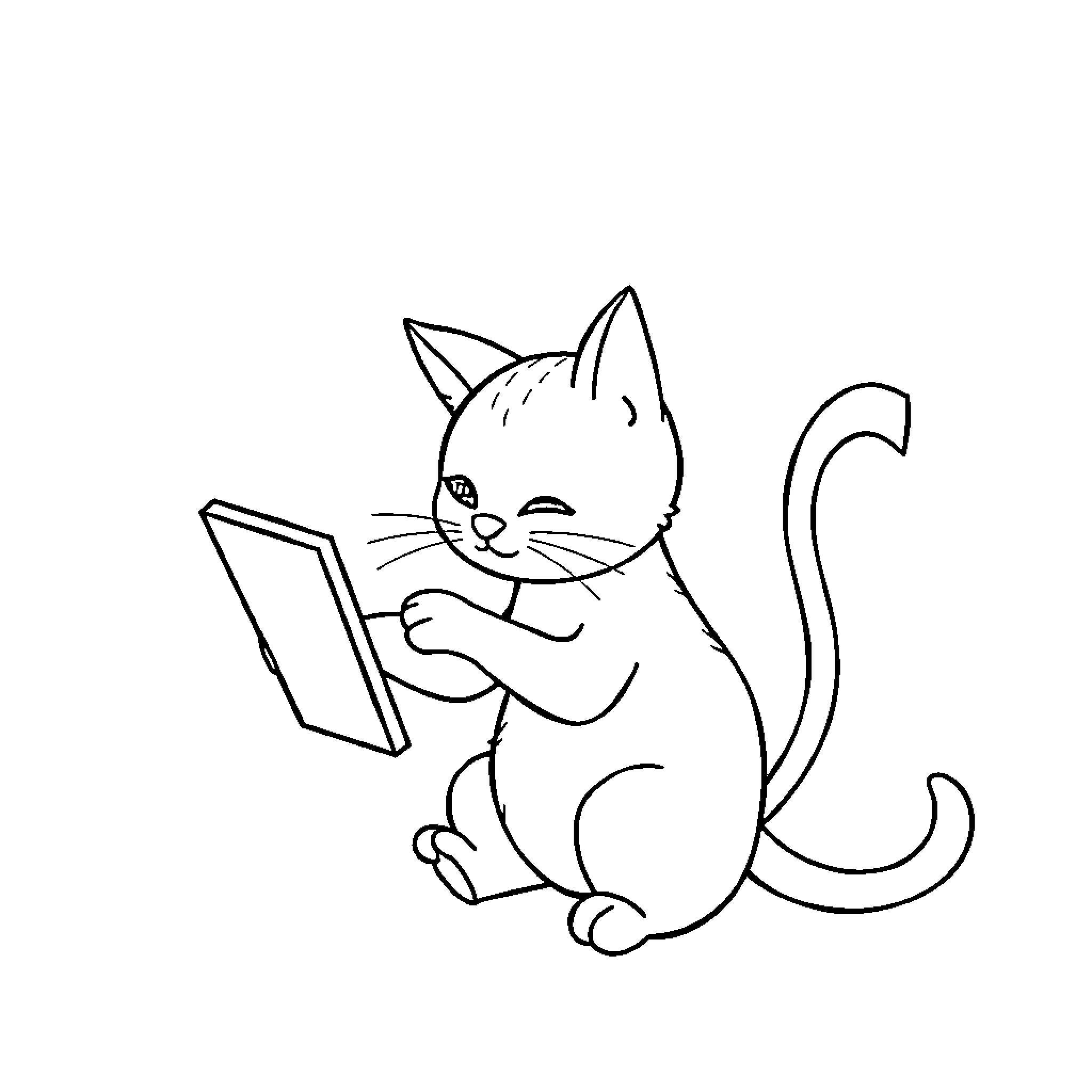 Cat reading a book Coloring Page (free black-and-white line drawing printable PDF for all, from beginners to advanced learners, including children, teens, adults, and seniors)
