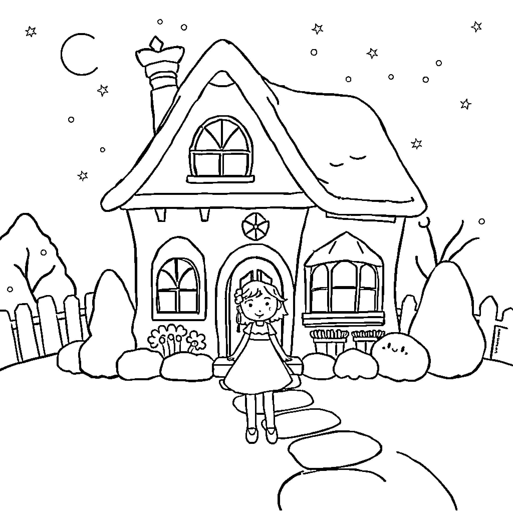 Gabby's Cozy Cottage in the Starry Night Coloring Page (free black-and-white line drawing printable PDF for all, from beginners to advanced learners, including children, teens, adults, and seniors)