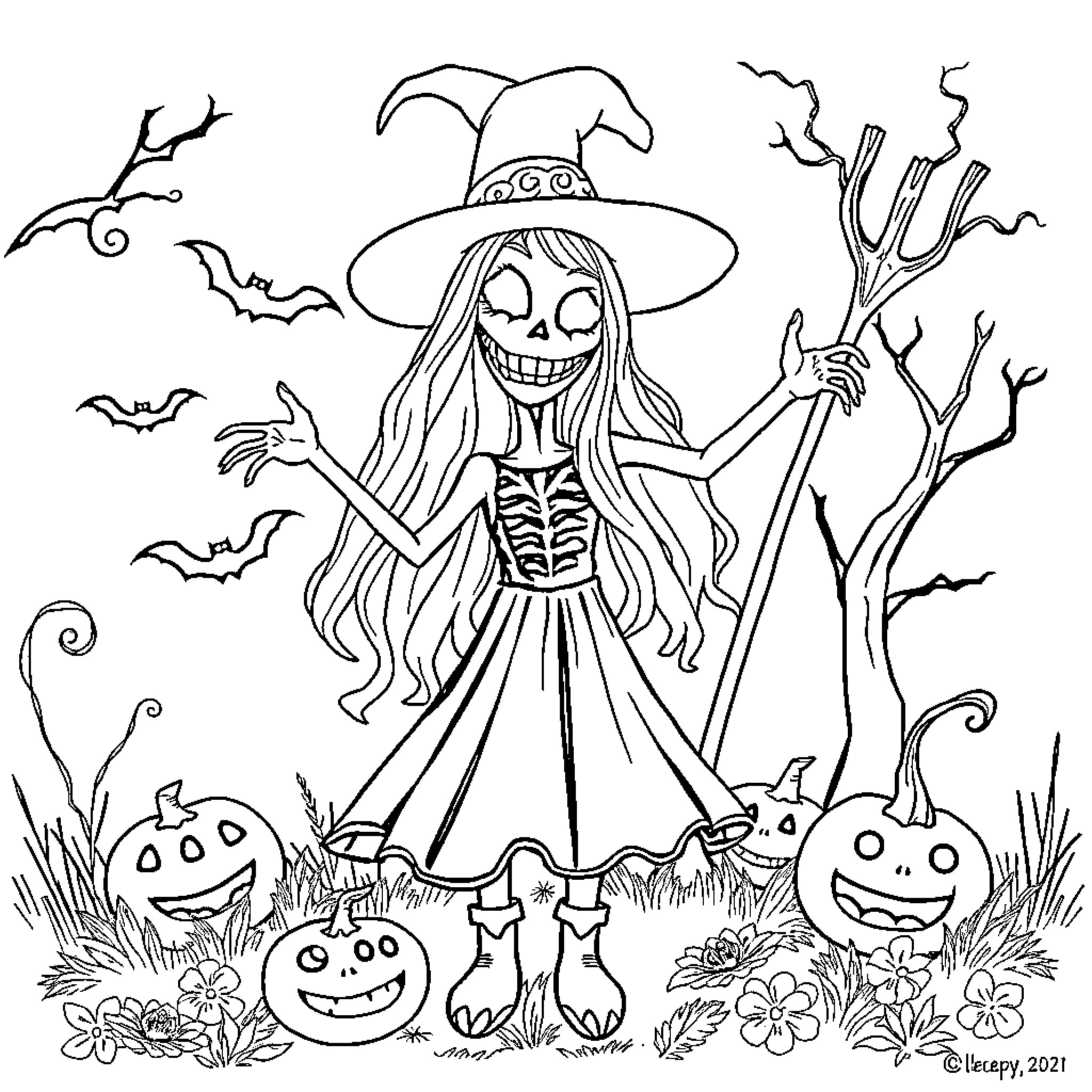 Crab Witch's Halloween Scene Coloring Page (free black-and-white line drawing printable PDF for all, from beginners to advanced learners, including children, teens, adults, and seniors)