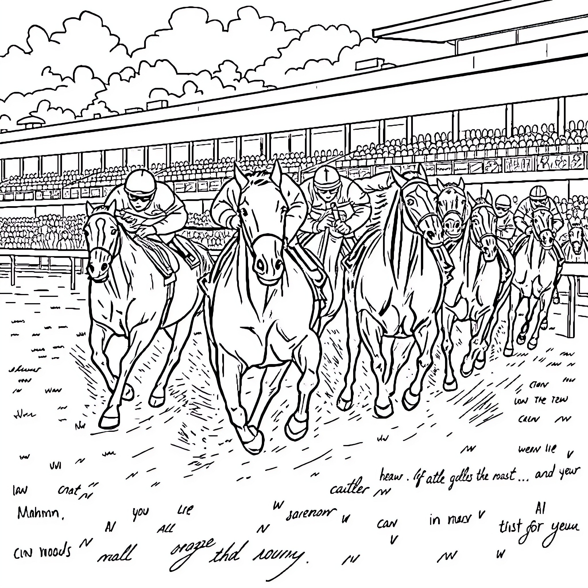 Horse Racing at a Crowded Stadium Coloring Page (free black-and-white line drawing printable PDF for all, from beginners to advanced learners, including children, teens, adults, and seniors)