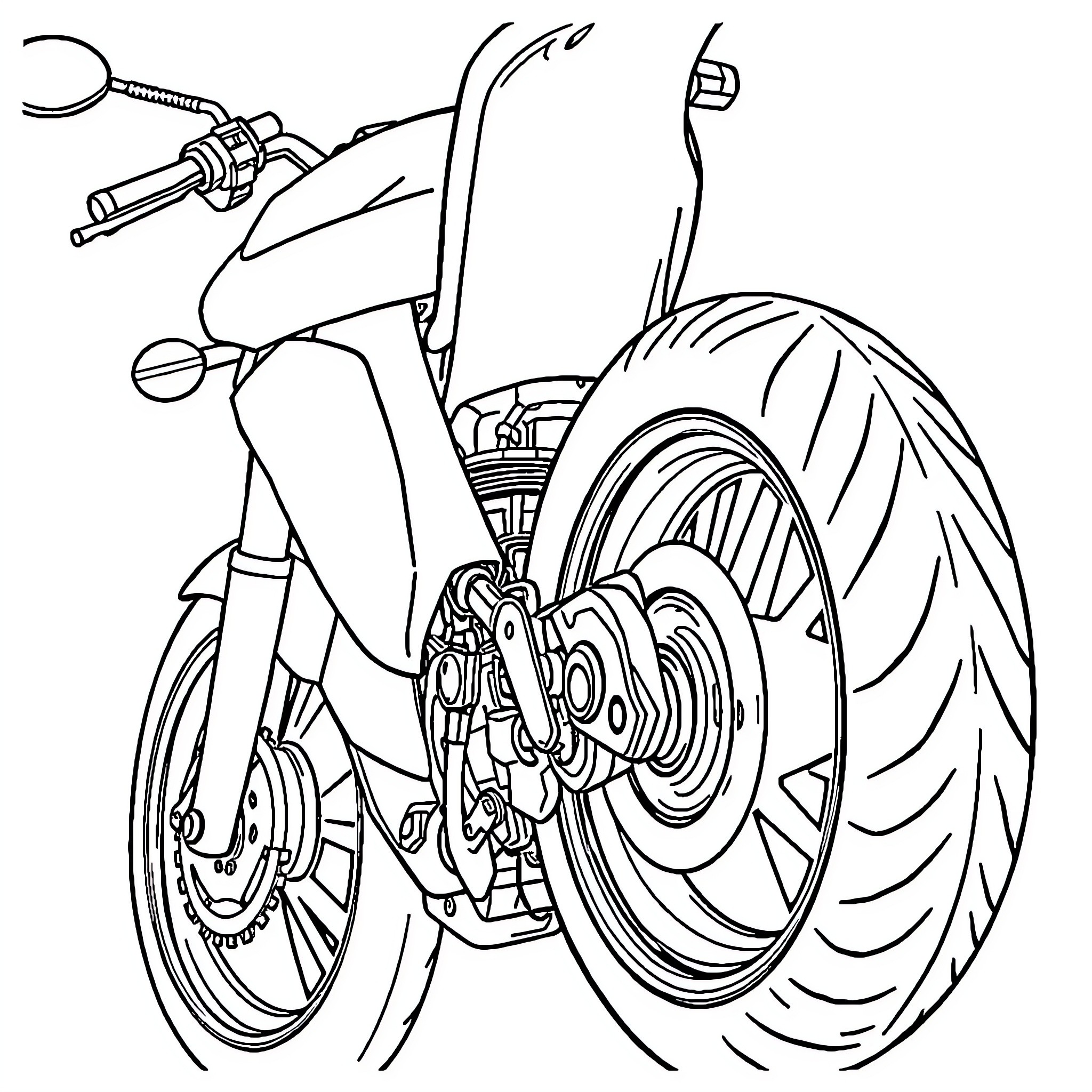 Motorbike with intricate mechanical details Coloring Page (free black-and-white line drawing printable PDF for all, from beginners to advanced learners, including children, teens, adults, and seniors)