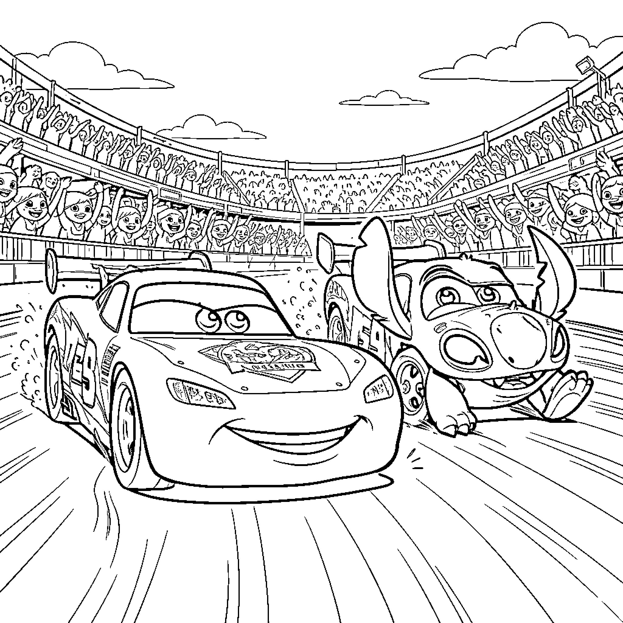 Lightning McQueen's Exciting Race Against Stitch Coloring Page (free black-and-white line drawing printable PDF for all, from beginners to advanced learners, including children, teens, adults, and seniors)