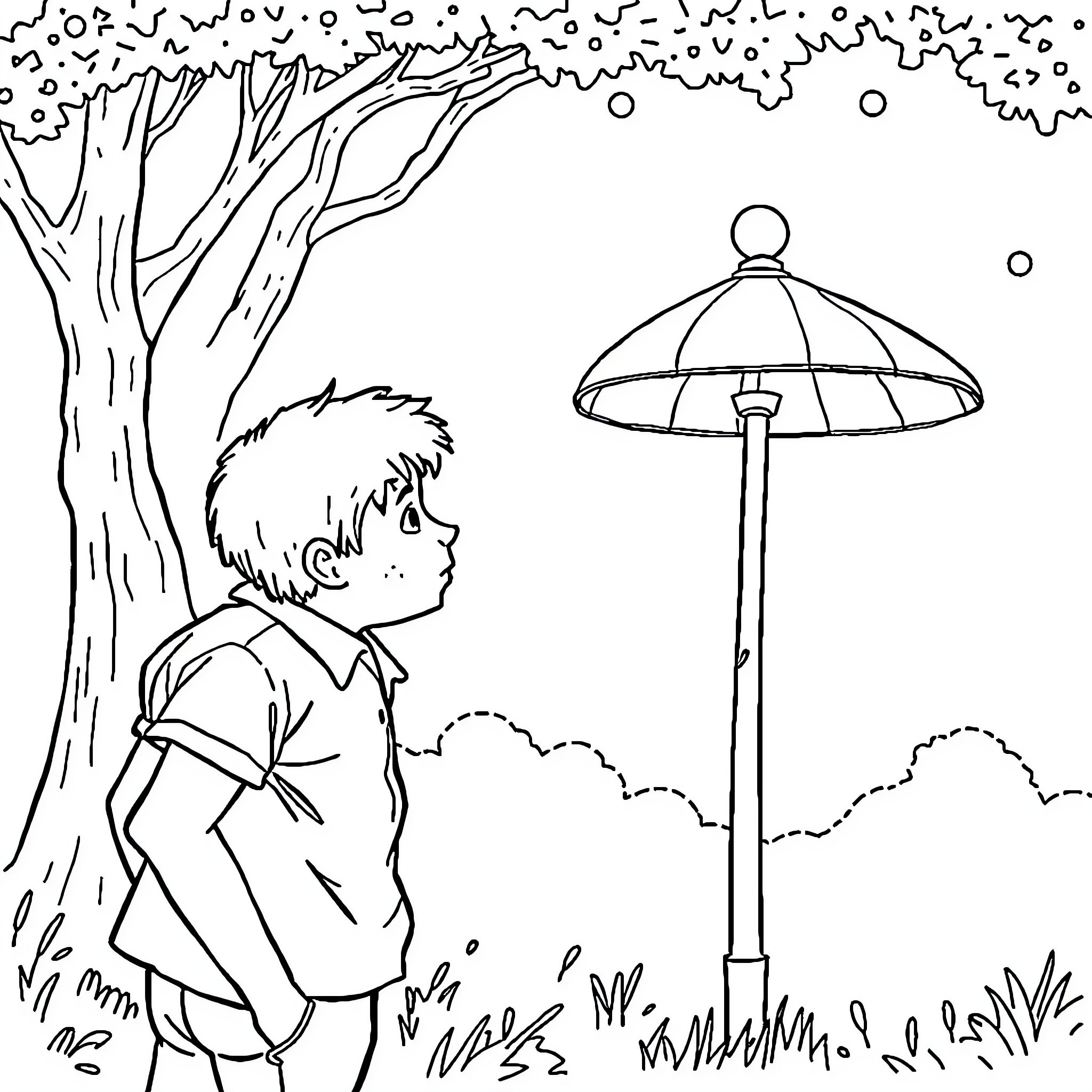 Duck strolling alone in the park on a rainy day Coloring Page (free black-and-white line drawing printable PDF for all, from beginners to advanced learners, including children, teens, adults, and seniors)