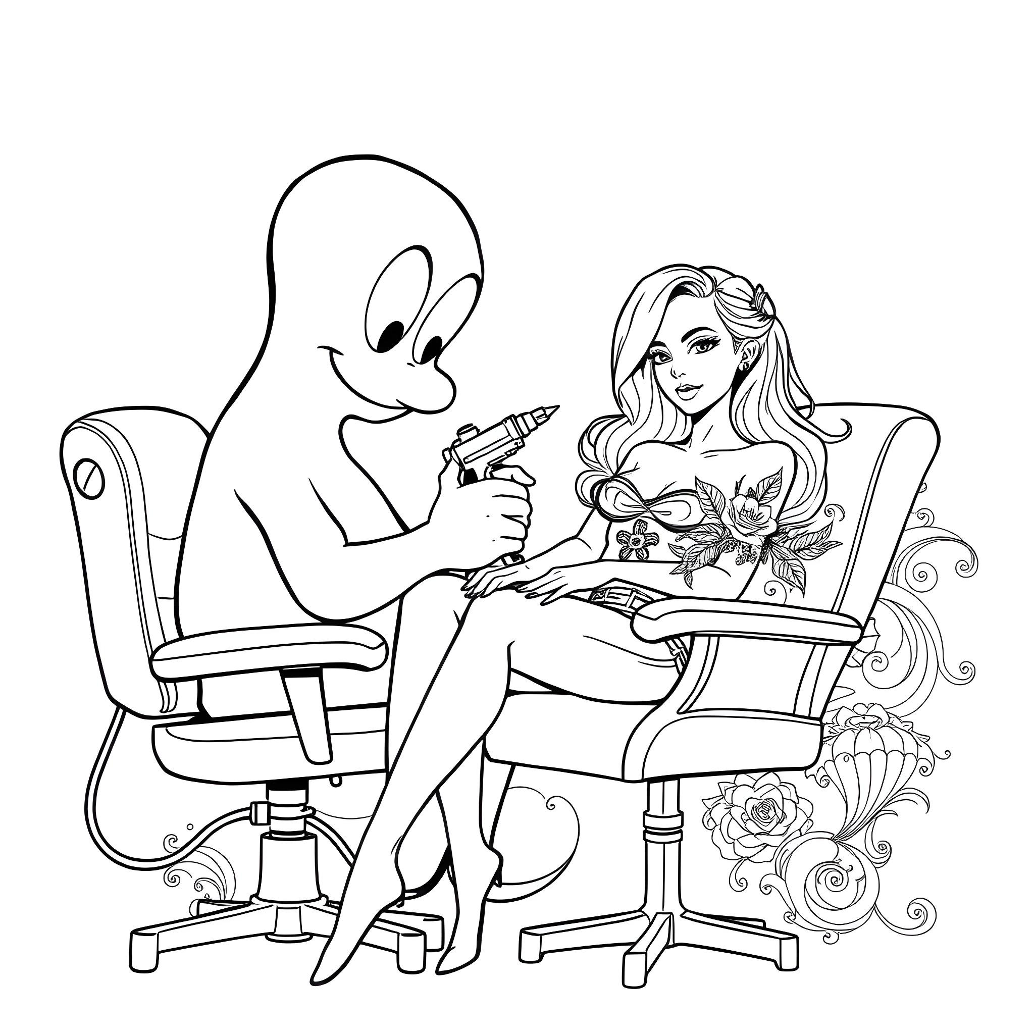Casper the Friendly Ghost Helps a Woman Get a Tattoo Coloring Page (free black-and-white line drawing printable PDF for all, from beginners to advanced learners, including children, teens, adults, and seniors)