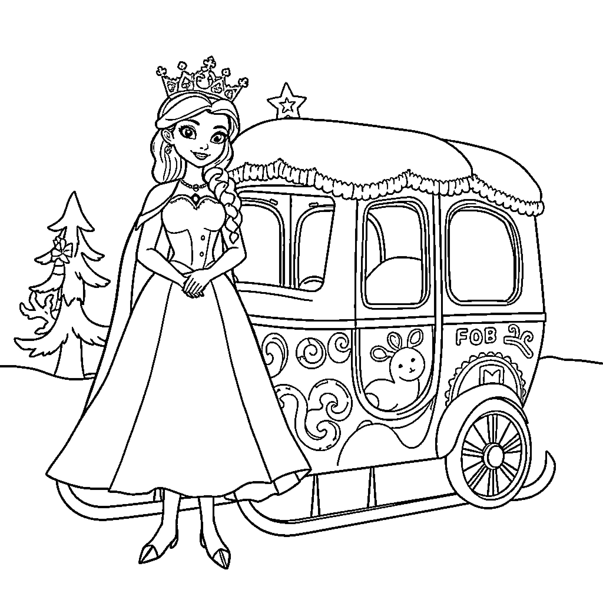 Snow Queen's Enchanting Carriage Ride Coloring Page (free black-and-white line drawing printable PDF for all, from beginners to advanced learners, including children, teens, adults, and seniors)