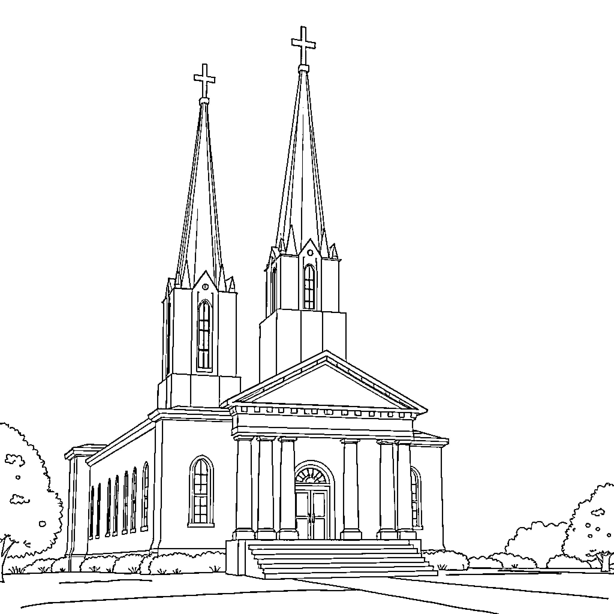Nauvoo Temple with soaring twin steeples Coloring Page (free black-and-white line drawing printable PDF for all, from beginners to advanced learners, including children, teens, adults, and seniors)