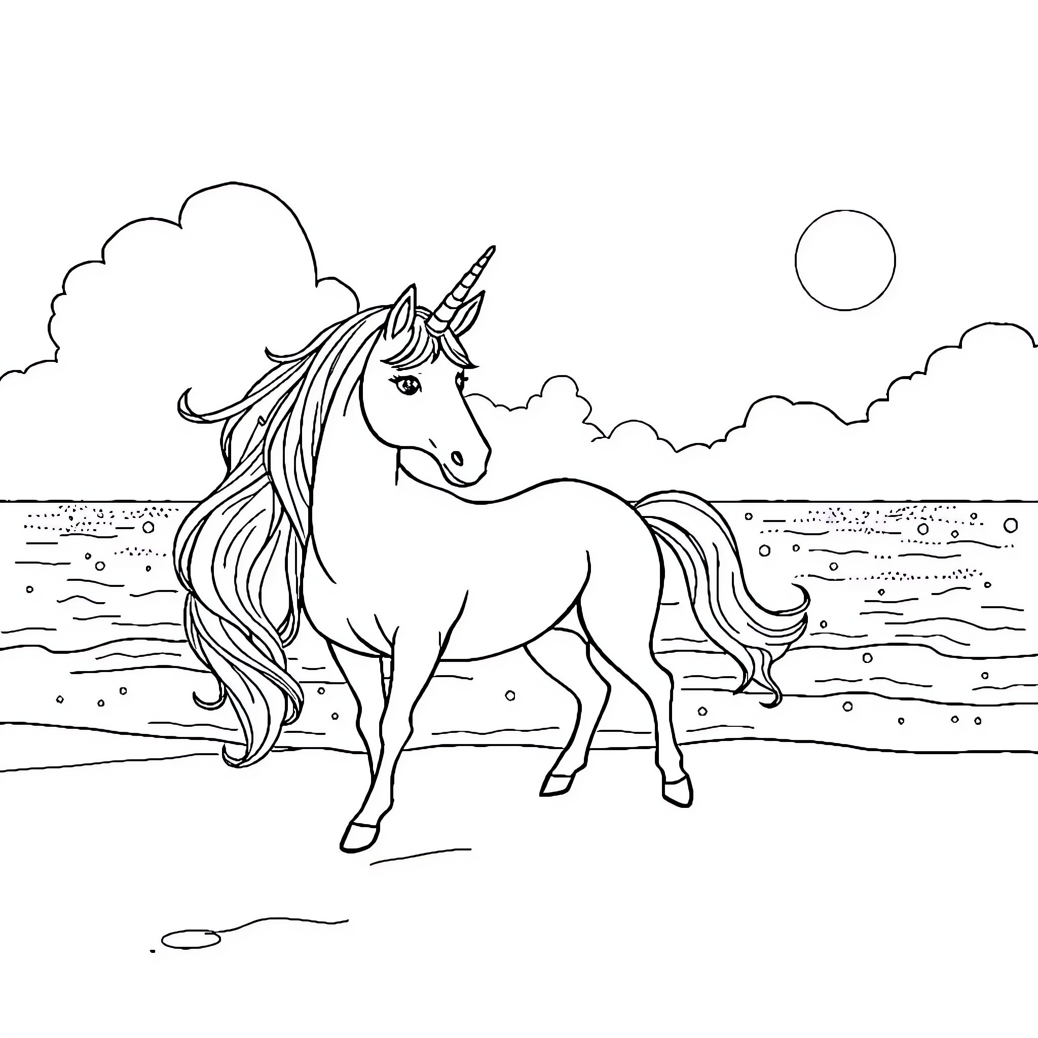 Unicorn galloping across a moonlit landscape Coloring Page (free black-and-white line drawing printable PDF for all, from beginners to advanced learners, including children, teens, adults, and seniors)