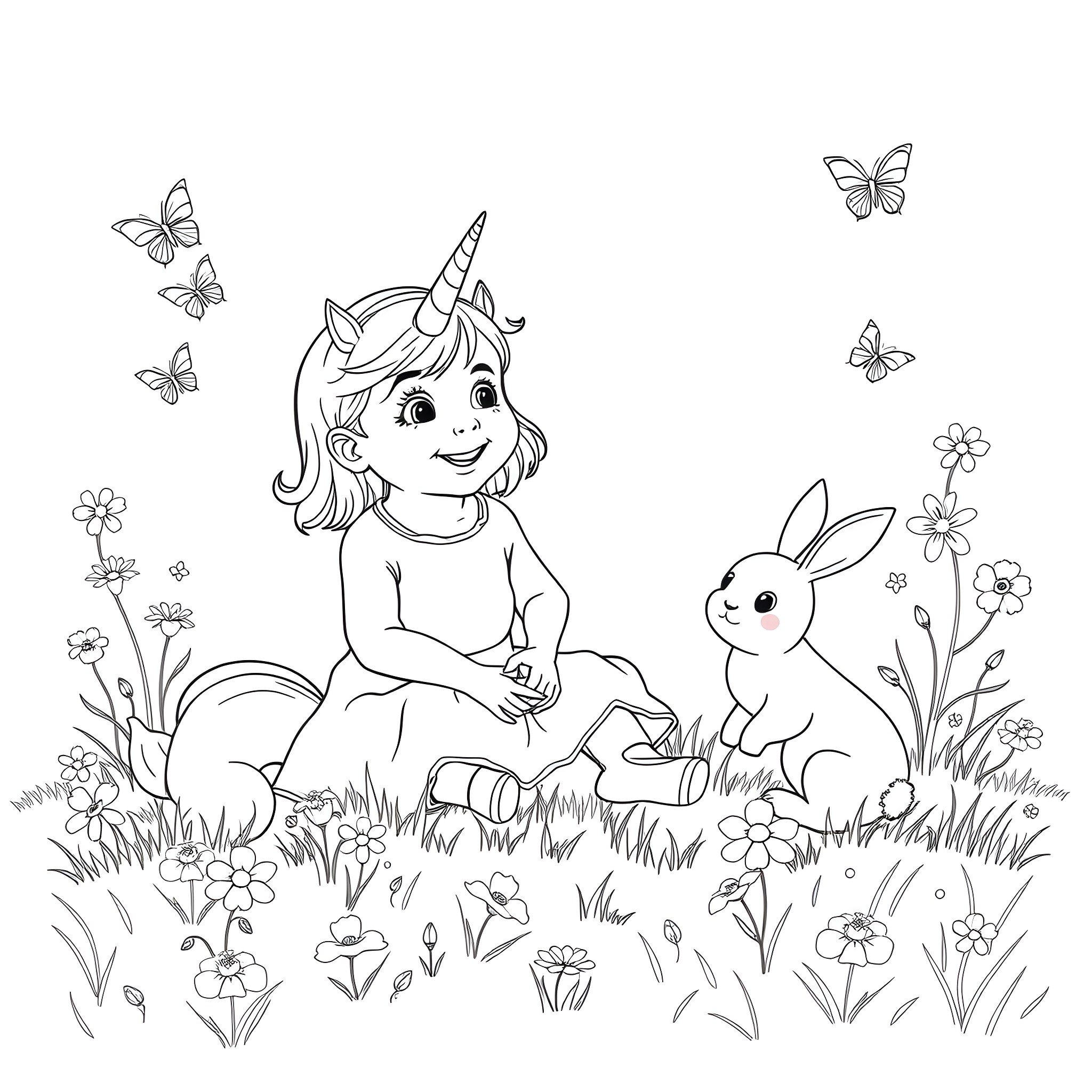 Girl playing with unicorn and rabbit in a flowery field Coloring Page (free black-and-white line drawing printable PDF for all, from beginners to advanced learners, including children, teens, adults, and seniors)