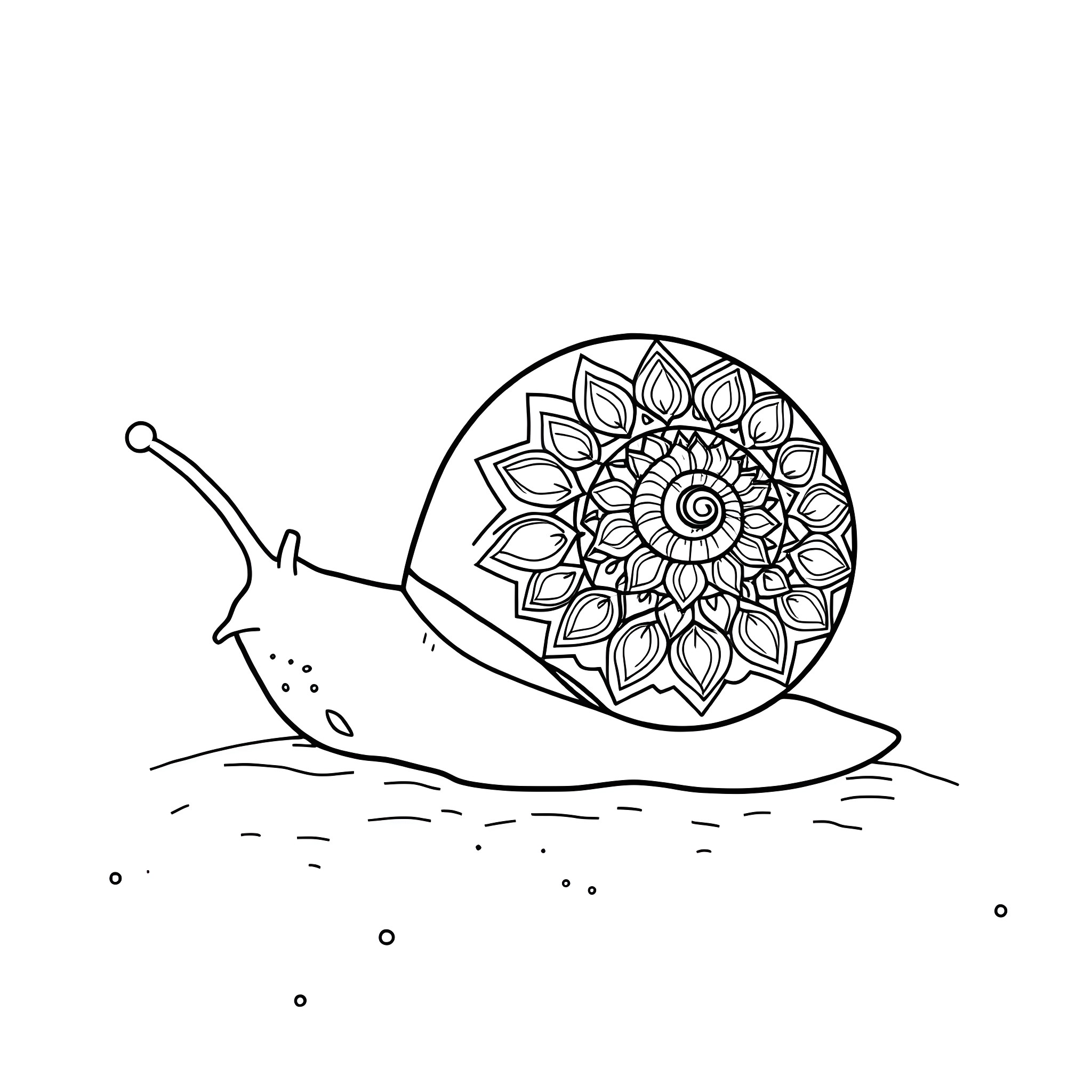 Snail with intricate shell design in nature Coloring Page (free black-and-white line drawing printable PDF for all, from beginners to advanced learners, including children, teens, adults, and seniors)