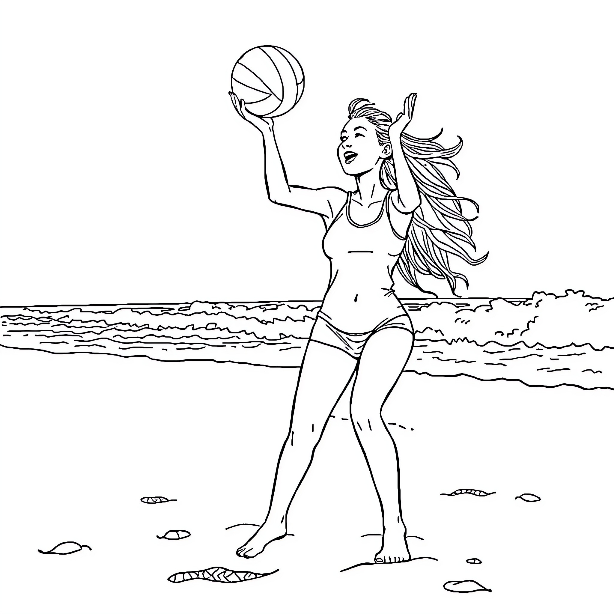 Gabby enjoying beach volleyball game Coloring Page (free black-and-white line drawing printable PDF for all, from beginners to advanced learners, including children, teens, adults, and seniors)