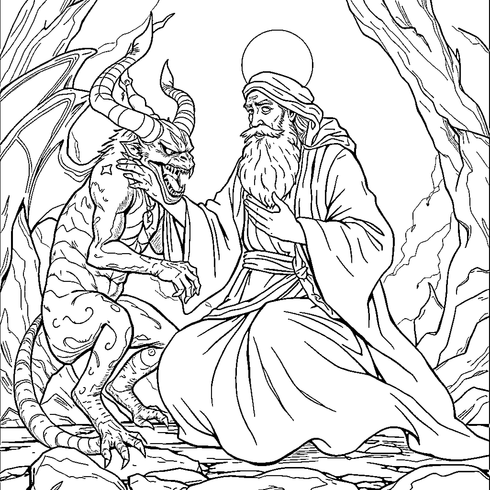 Rumi's Encounter with the Mythical Creature Coloring Page (free black-and-white line drawing printable PDF for all, from beginners to advanced learners, including children, teens, adults, and seniors)