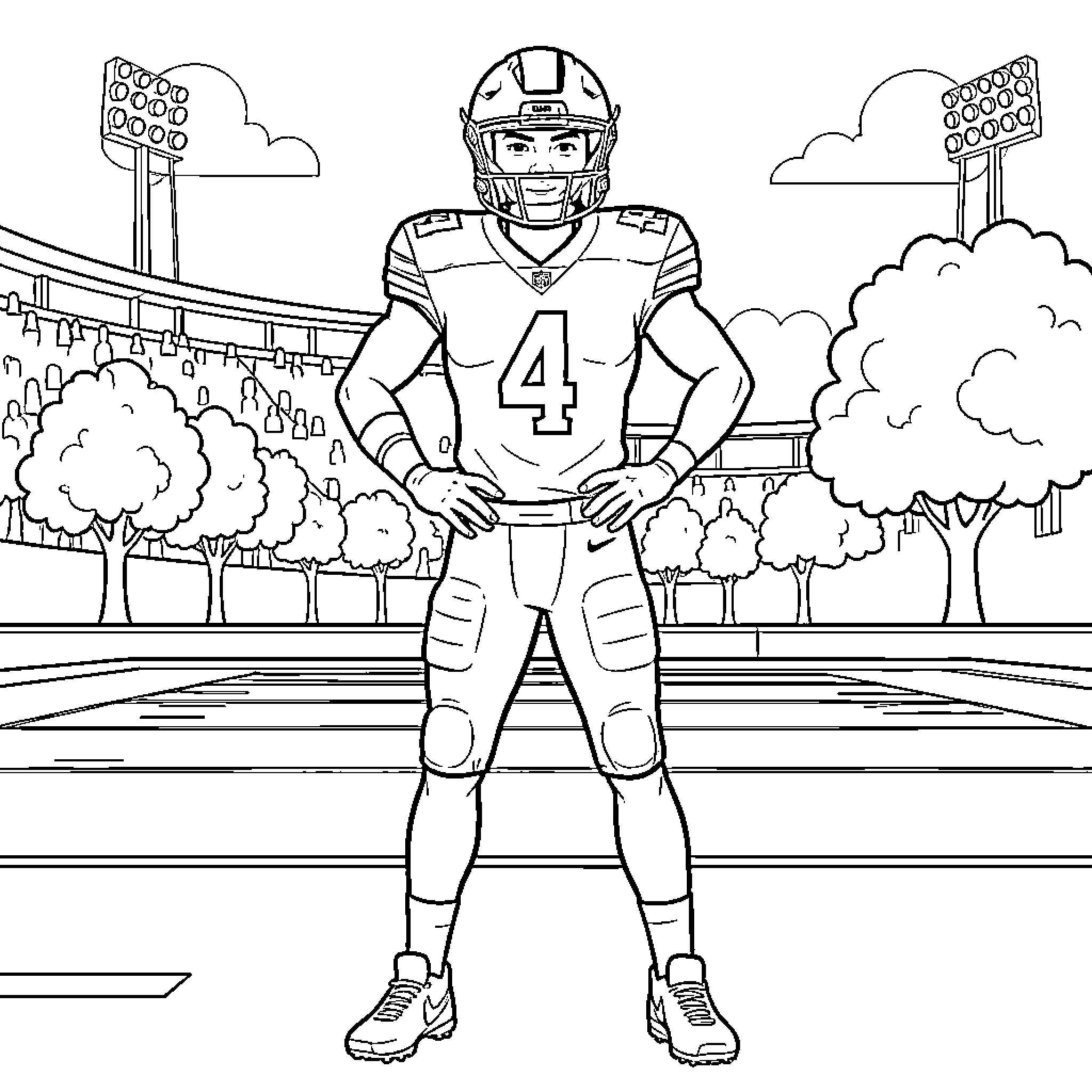 Jerimiah Smith, the determined football player on the field Coloring Page (free black-and-white line drawing printable PDF for all, from beginners to advanced learners, including children, teens, adults, and seniors)