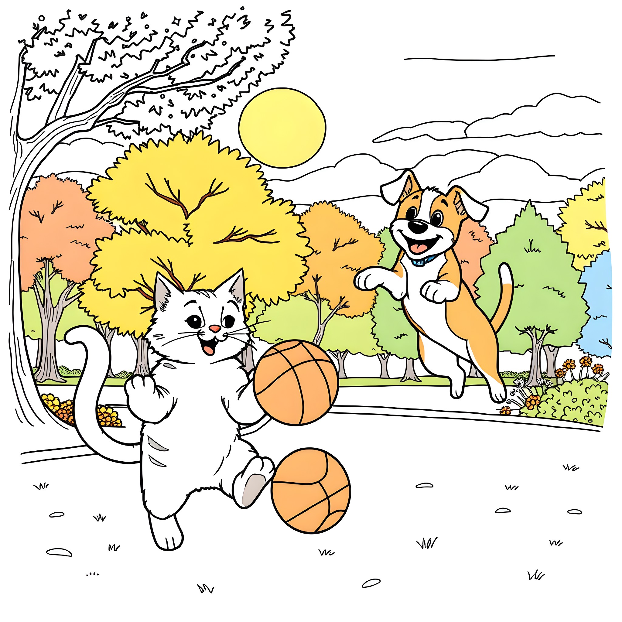 Cats and dogs playing with balls in the park Coloring Page (free black-and-white line drawing printable PDF for all, from beginners to advanced learners, including children, teens, adults, and seniors)