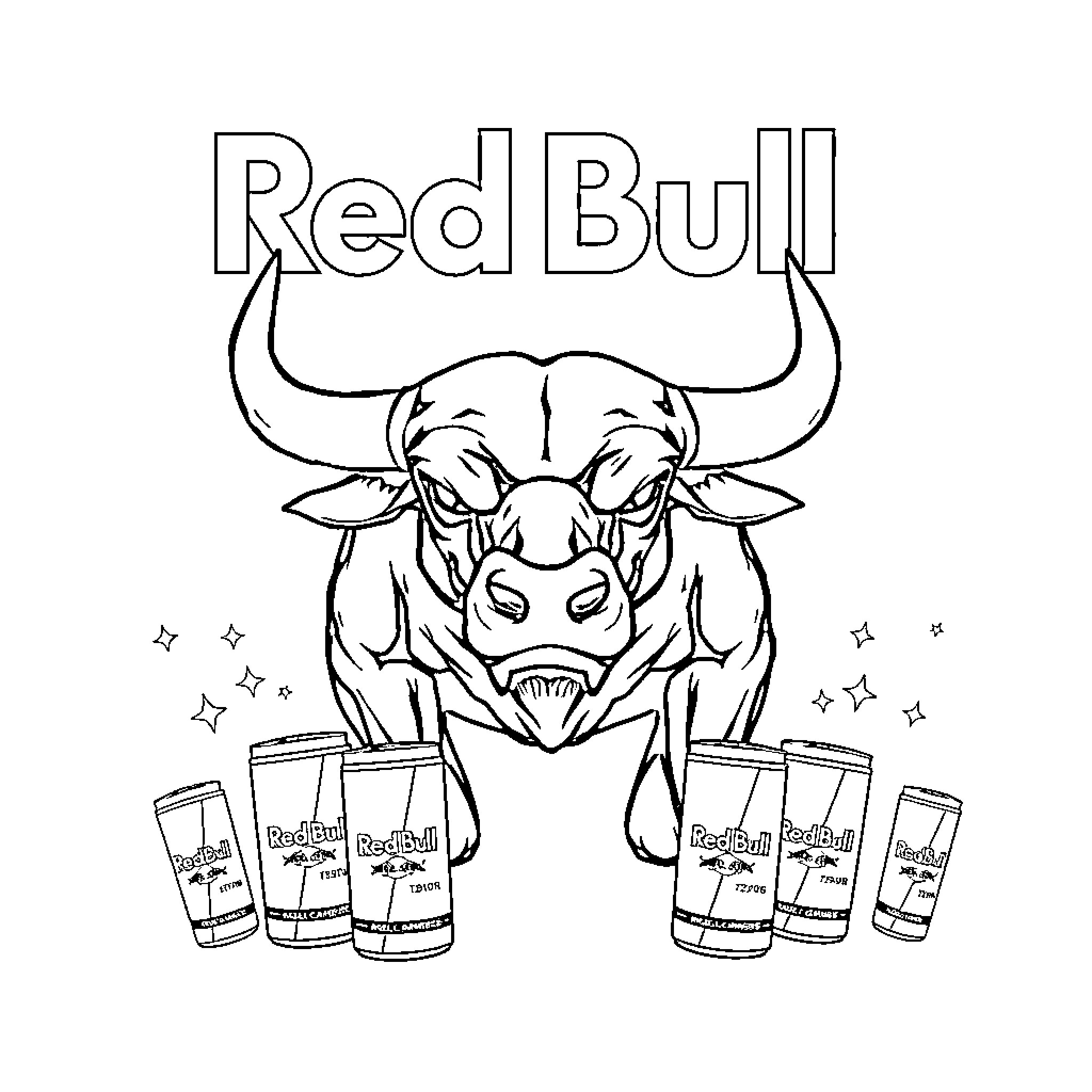 Red Bull energized bull with drink cans Coloring Page (free black-and-white line drawing printable PDF for all, from beginners to advanced learners, including children, teens, adults, and seniors)