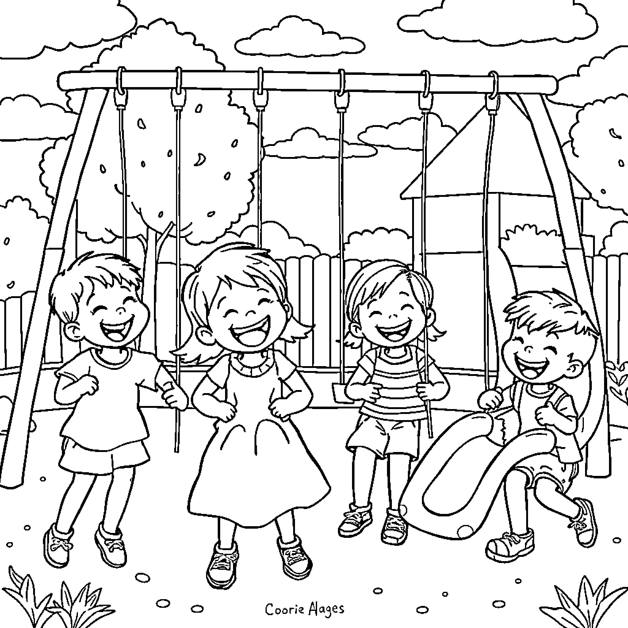 Kids playing joyfully on swings at the park Coloring Page (free black-and-white line drawing printable PDF for all, from beginners to advanced learners, including children, teens, adults, and seniors)