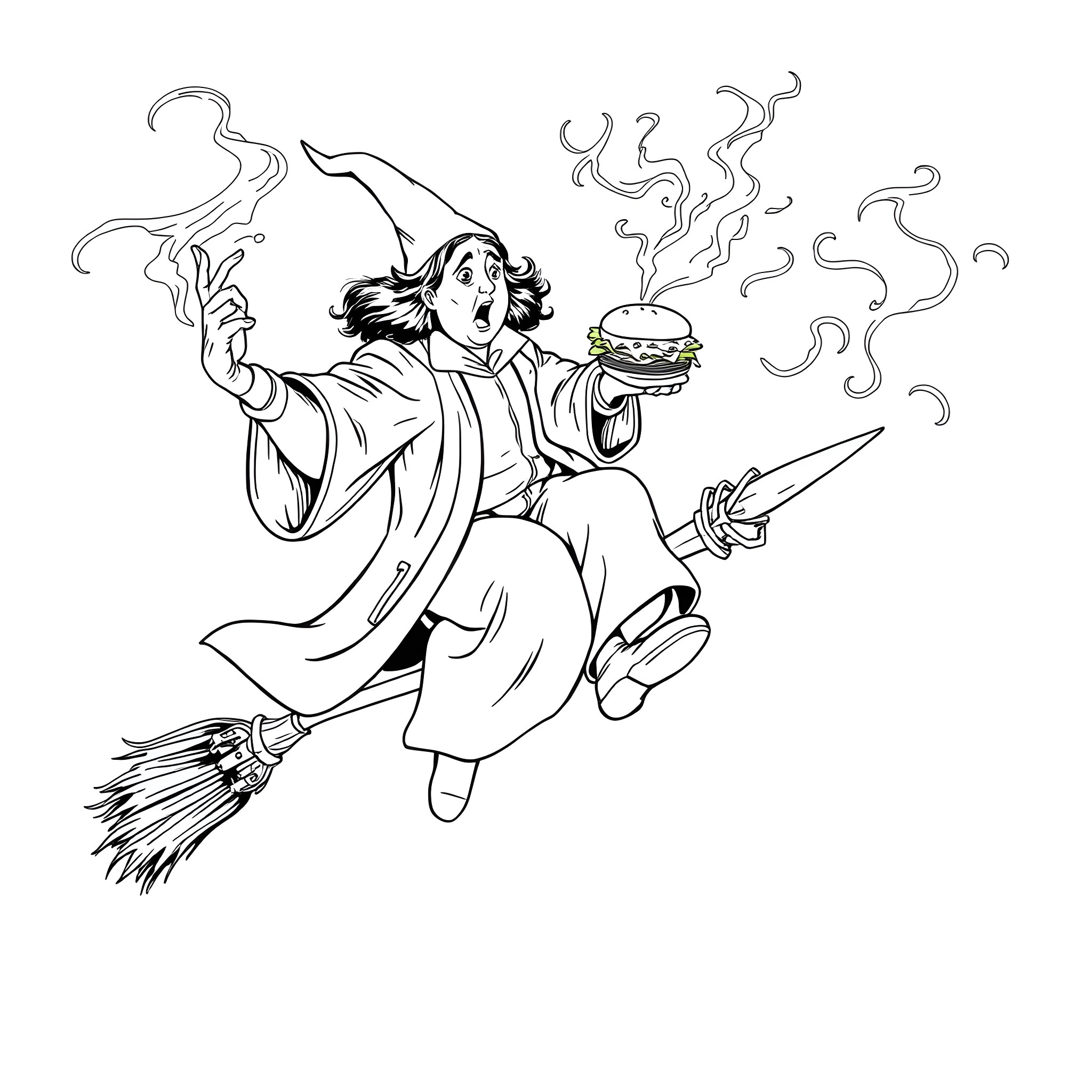 Snape conjuring a magical feast on a broomstick Coloring Page (free black-and-white line drawing printable PDF for all, from beginners to advanced learners, including children, teens, adults, and seniors)