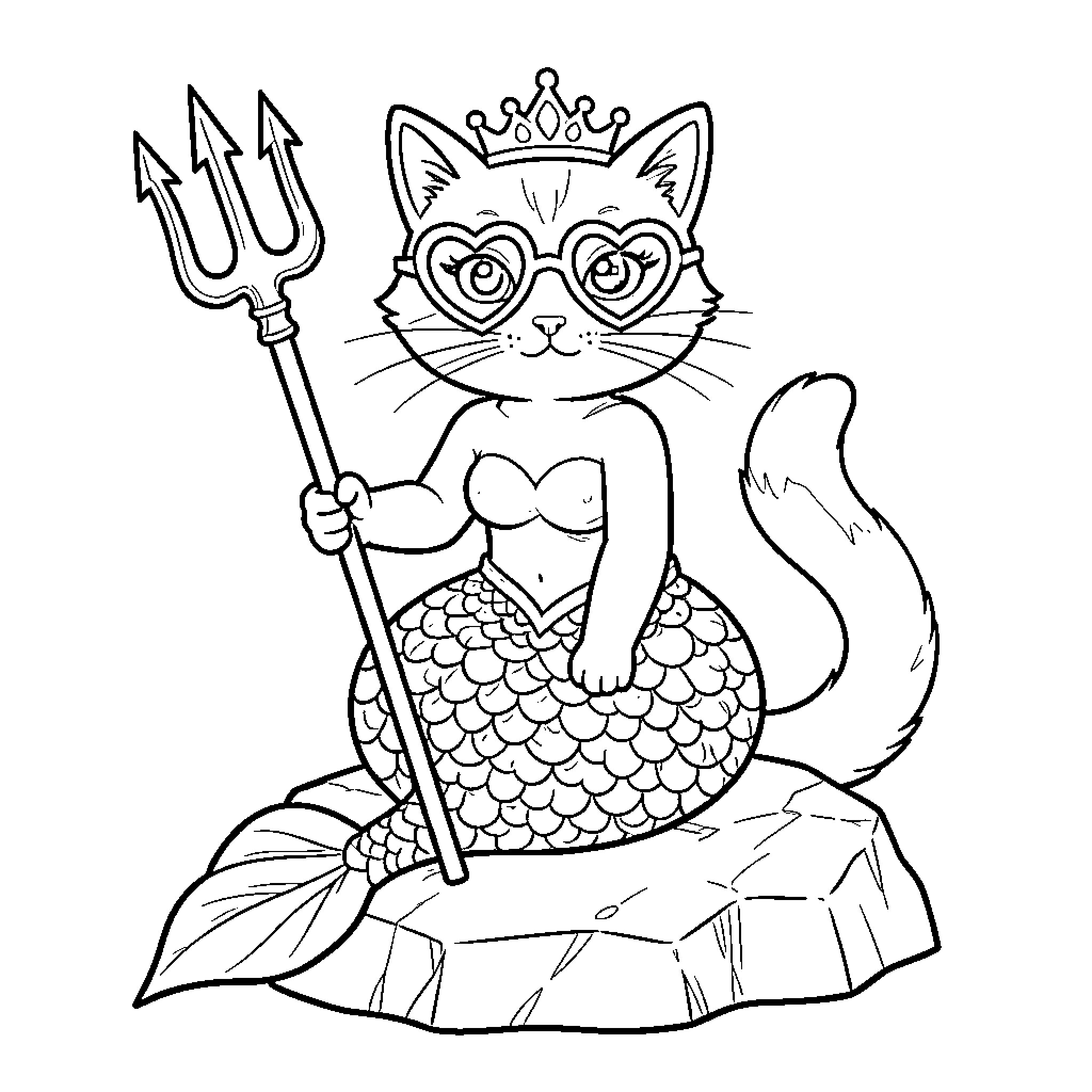 Mermaid Cat wearing a crown and heart glasses Coloring Page (free black-and-white line drawing printable PDF for all, from beginners to advanced learners, including children, teens, adults, and seniors)