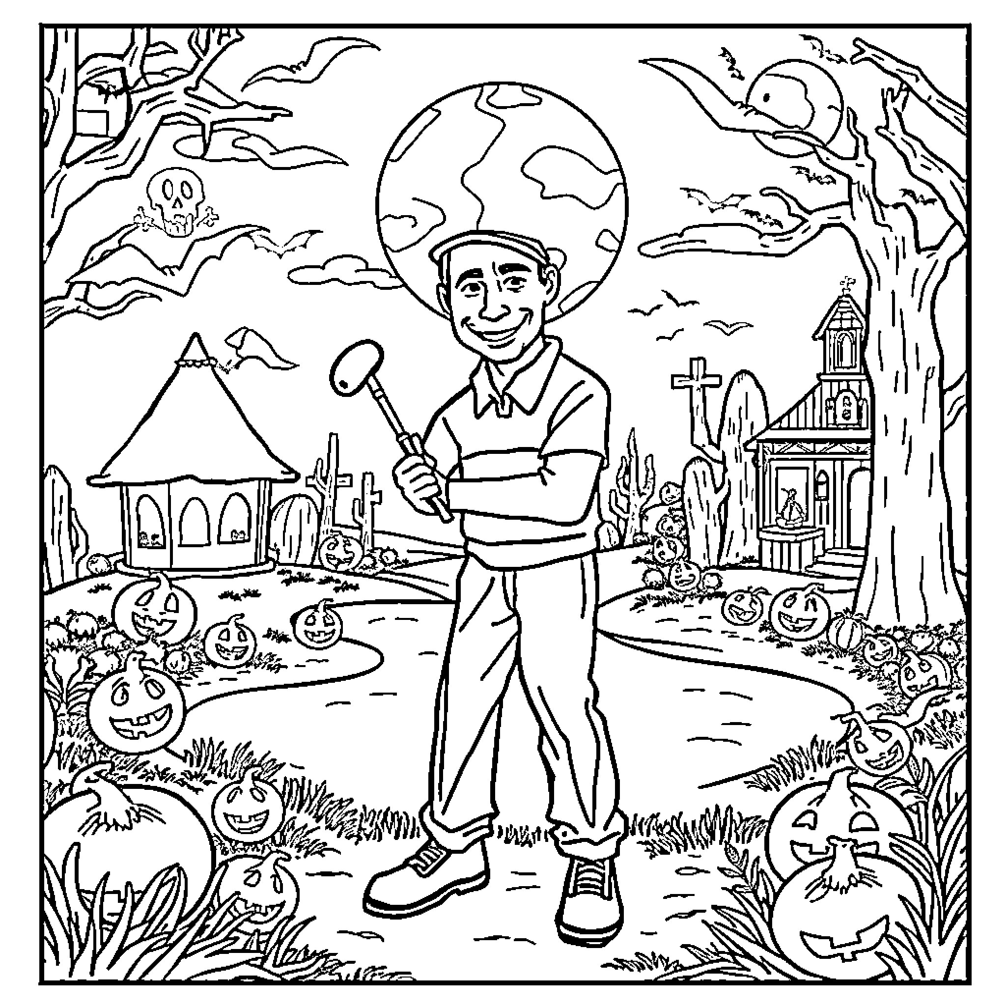 Tiger Explores Spooky Halloween Scene Coloring Page (free black-and-white line drawing printable PDF for all, from beginners to advanced learners, including children, teens, adults, and seniors)