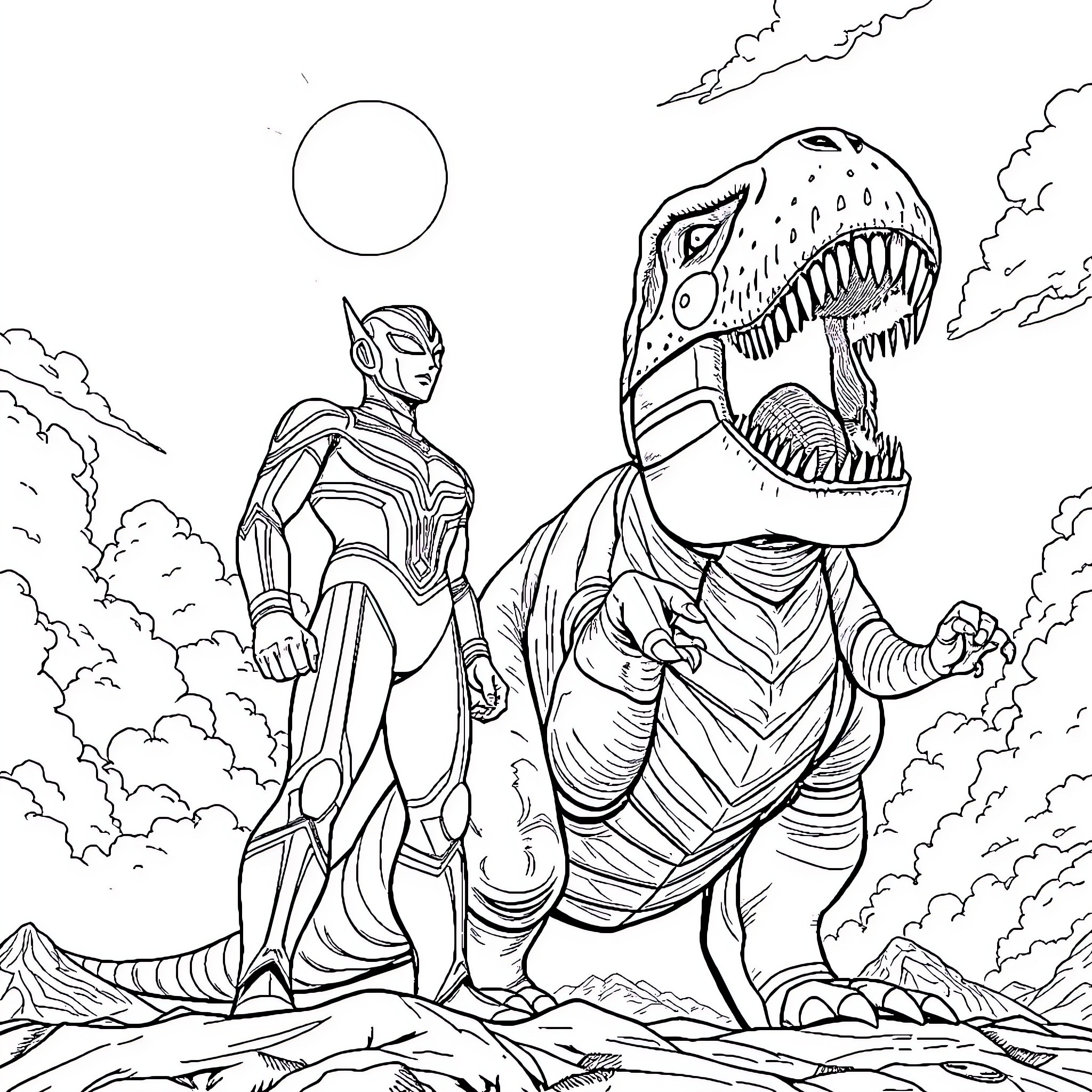 Ultraman battles a fearsome dinosaur-like creature Coloring Page (free black-and-white line drawing printable PDF for all, from beginners to advanced learners, including children, teens, adults, and seniors)