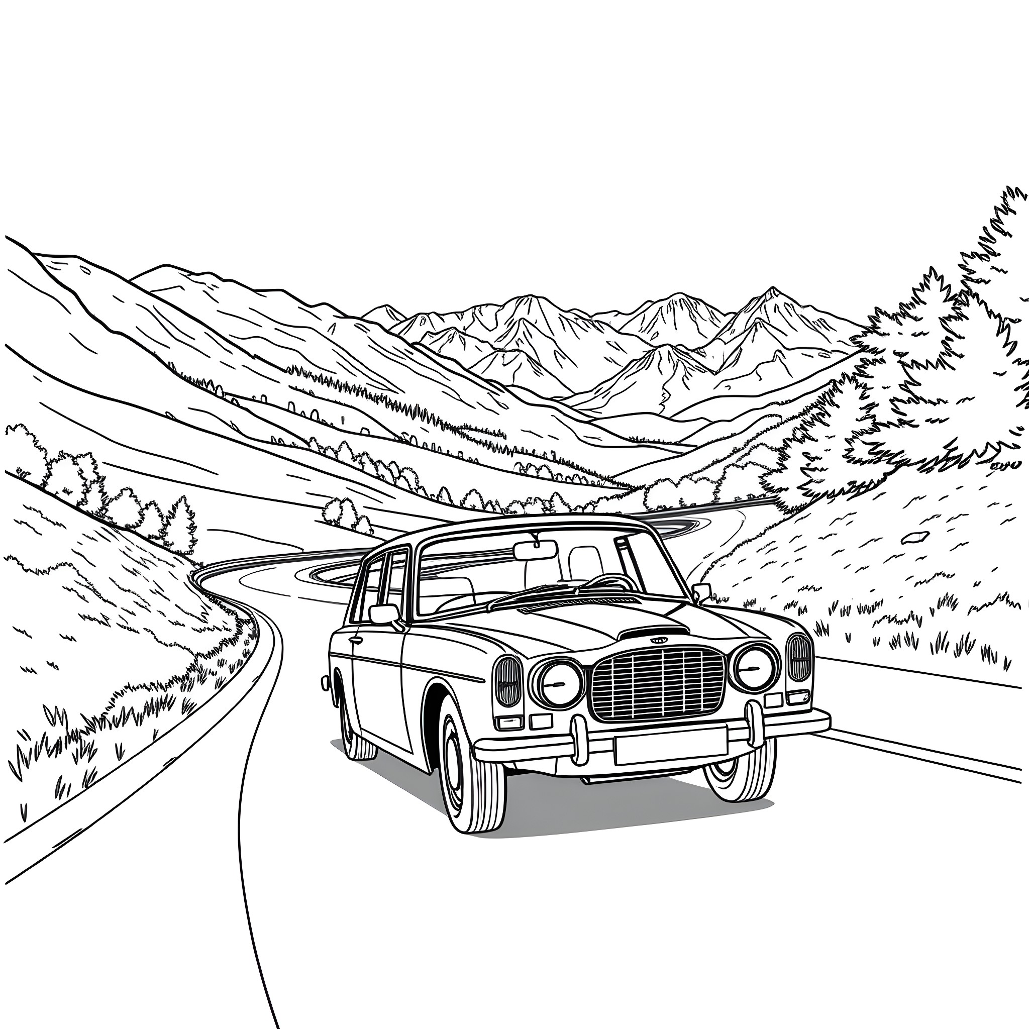 Rover traveling along scenic mountain road Coloring Page (free black-and-white line drawing printable PDF for all, from beginners to advanced learners, including children, teens, adults, and seniors)