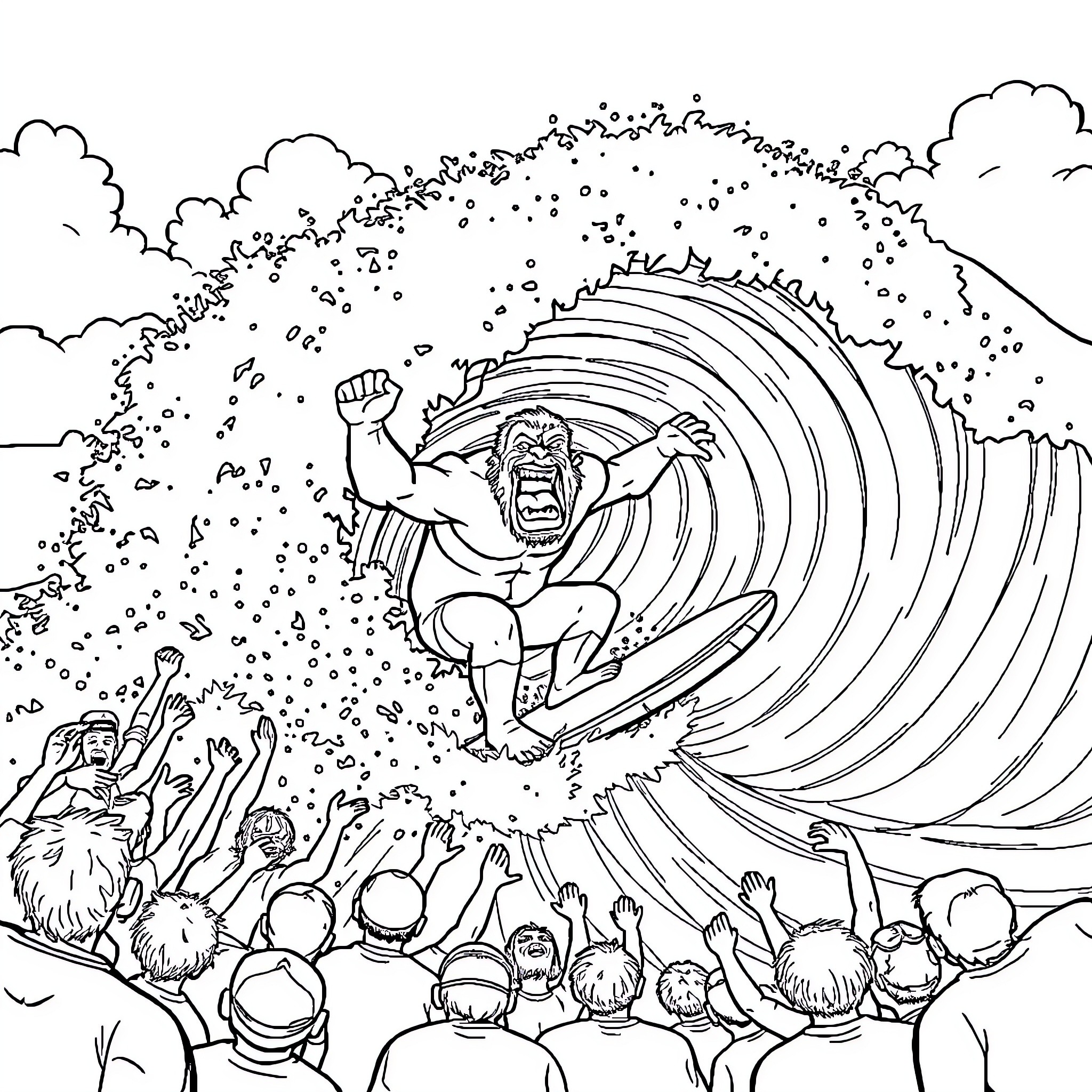 Mr Beast Surfing a Massive Wave with Onlookers Coloring Page (free black-and-white line drawing printable PDF for all, from beginners to advanced learners, including children, teens, adults, and seniors)